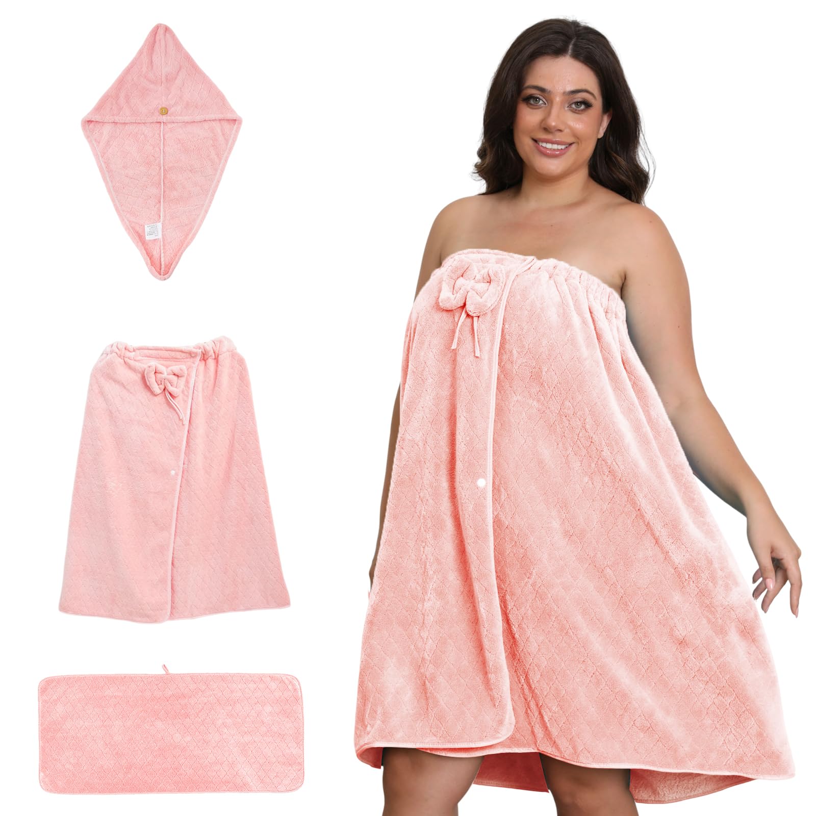 Emdelifo Plus Size Bath Towel Wrap for Women (XXL-XXXXL), Oversize Shower Wrap Dress Spa Bathrobe, Comfortable Adjustable Body Wrap + Hair Drying Towel + towel, Dry Quickly (PINK, 31X82INCH)