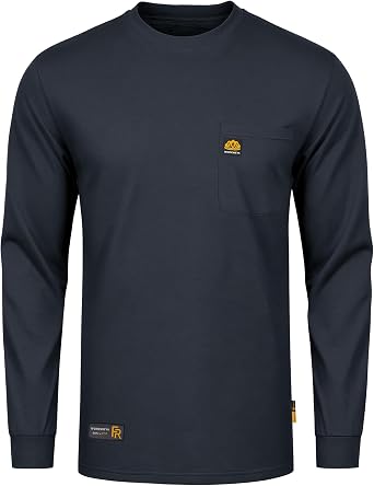 FR Shirts for Men 6.5oz Flame Resistant Long Sleeve Shirt NFPA 2112/CAT2 | 6.5oz Fire Retardant Cotton Jersey,Chest Pocket,Contrast Stitches Long Sleeve Work Shirt,Arc Rated Rib-Knit Collar Workwear
