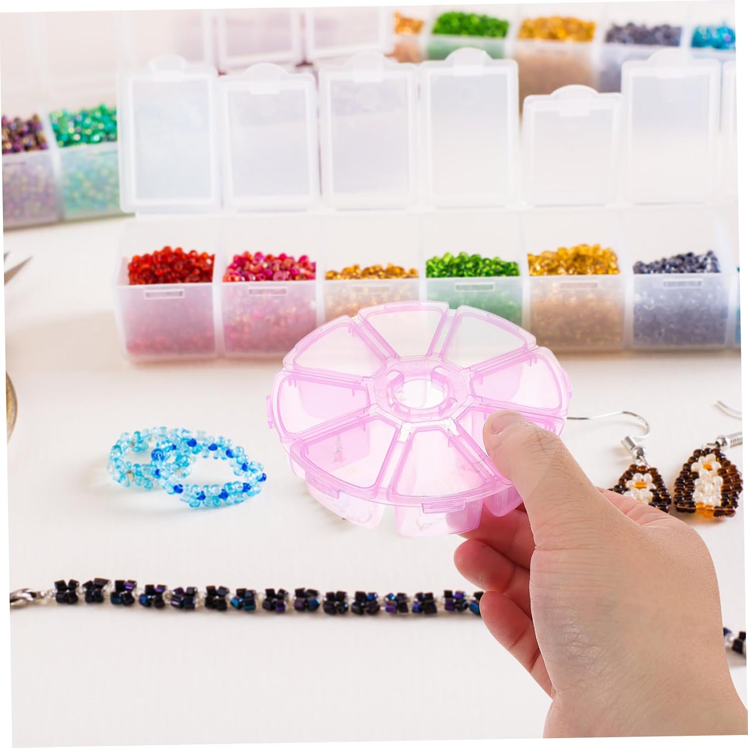 Pink Round Plastic Organizer Box 10pcs with 8 Compartments