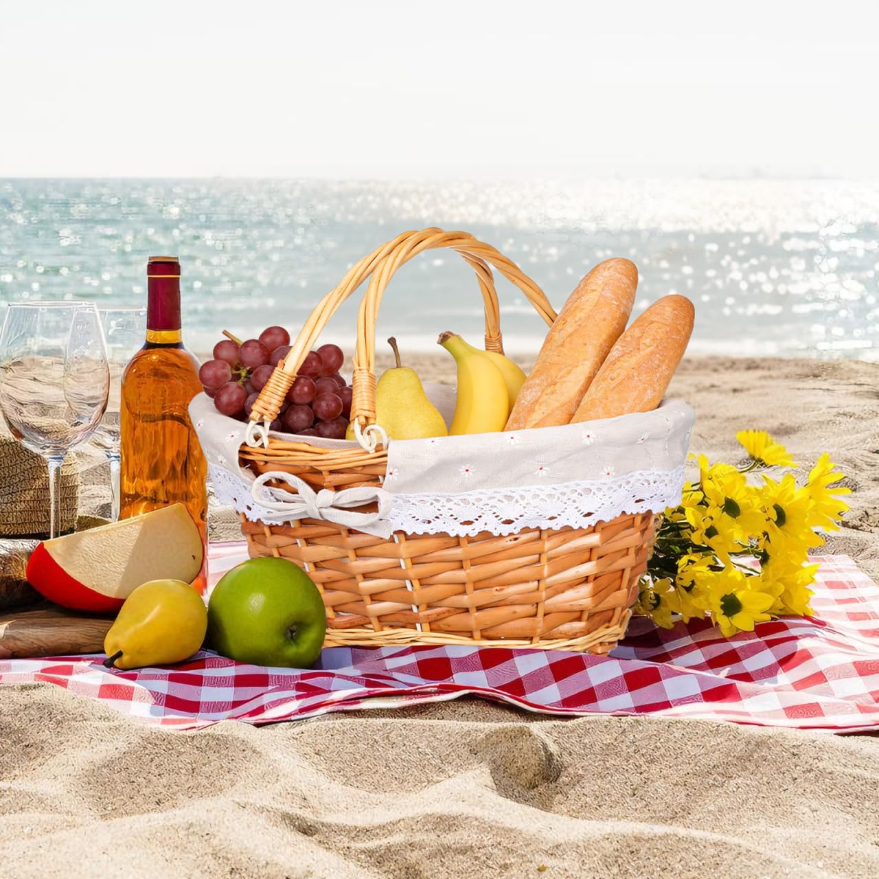 Toyvian Weidenkorb mit Griff Futter, Ovaler Picknickkorb mit Liner Ohne Inhalt für Obst Süßigkeiten Rustikaler Geschenkkorb Dekorativer Flechtkorb für Ostern Hochzeit Landhaus Heimgestaltung