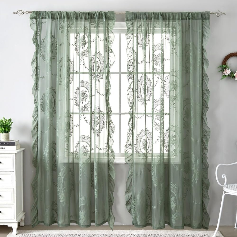 Sheer Lace Curtains,Floral Sheer Window Curtain Panels for Living Room Bedroom Rod Pocket 2 Panels Vintage Voile Window Treatment(M 140 * 160cm,Green)
