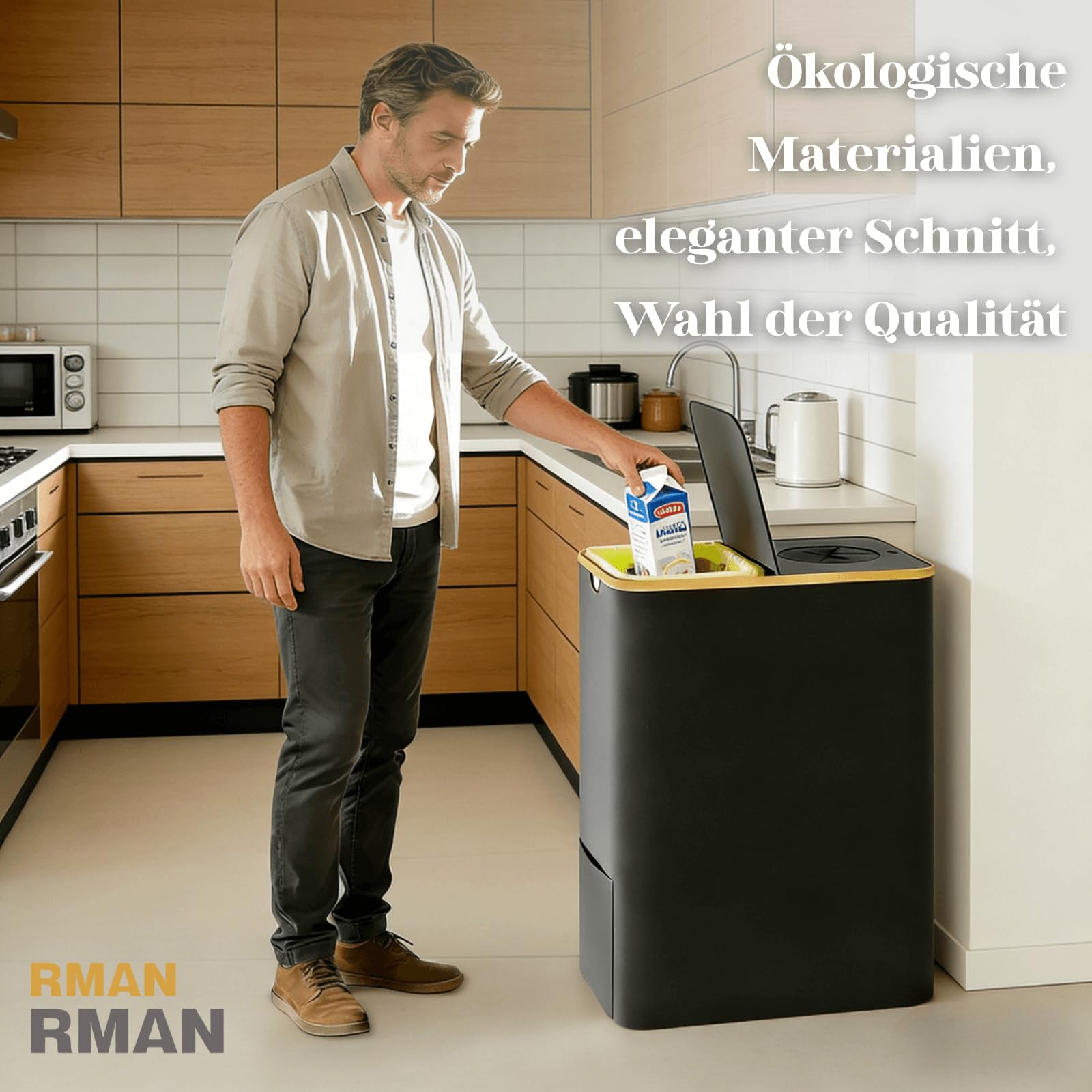RMAN® 160L Gelber Sack Ständer Mülleimer 2 Fächer Wasserdicht Faltbar 2-in-1 Groß Müllsackständer mit 10 Gelber Müllsäcke Schwarz