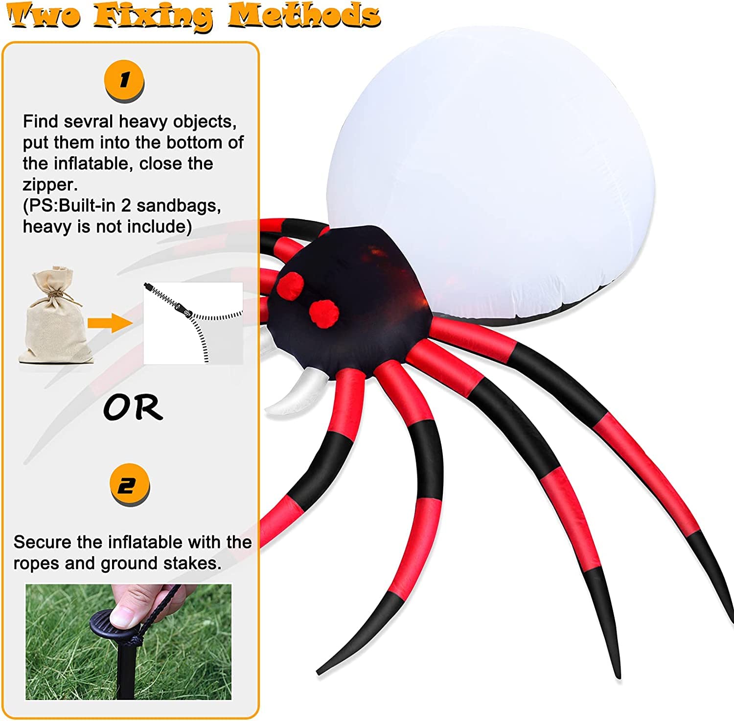 Ragno gonfiabile per Halloween, 2,4 m, decorazioni per esterni, per cortile, gigante, raccapricciante, con luce a fiamma rotante a LED, gambe rosse e nere, IP44, resistente alle intemperie, per feste