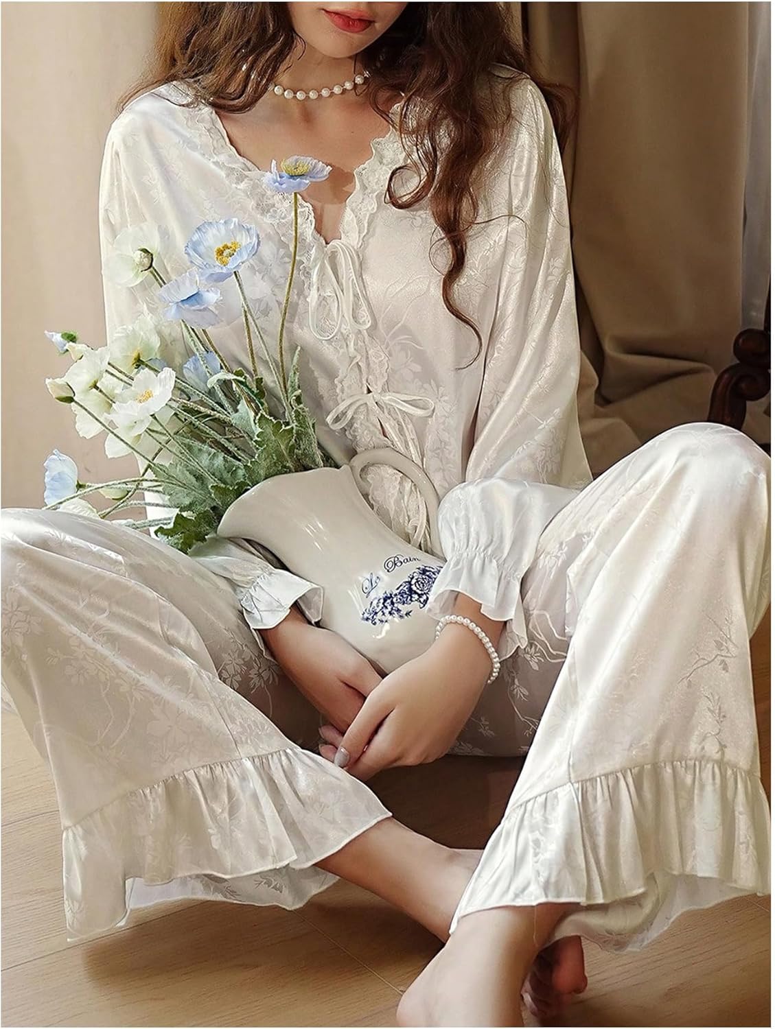 SHENHE Women's Satin Pajama Set 2 Piece Tie Front Long Sleeve Top Ruffle Pants Silky Loungewear - Image 4