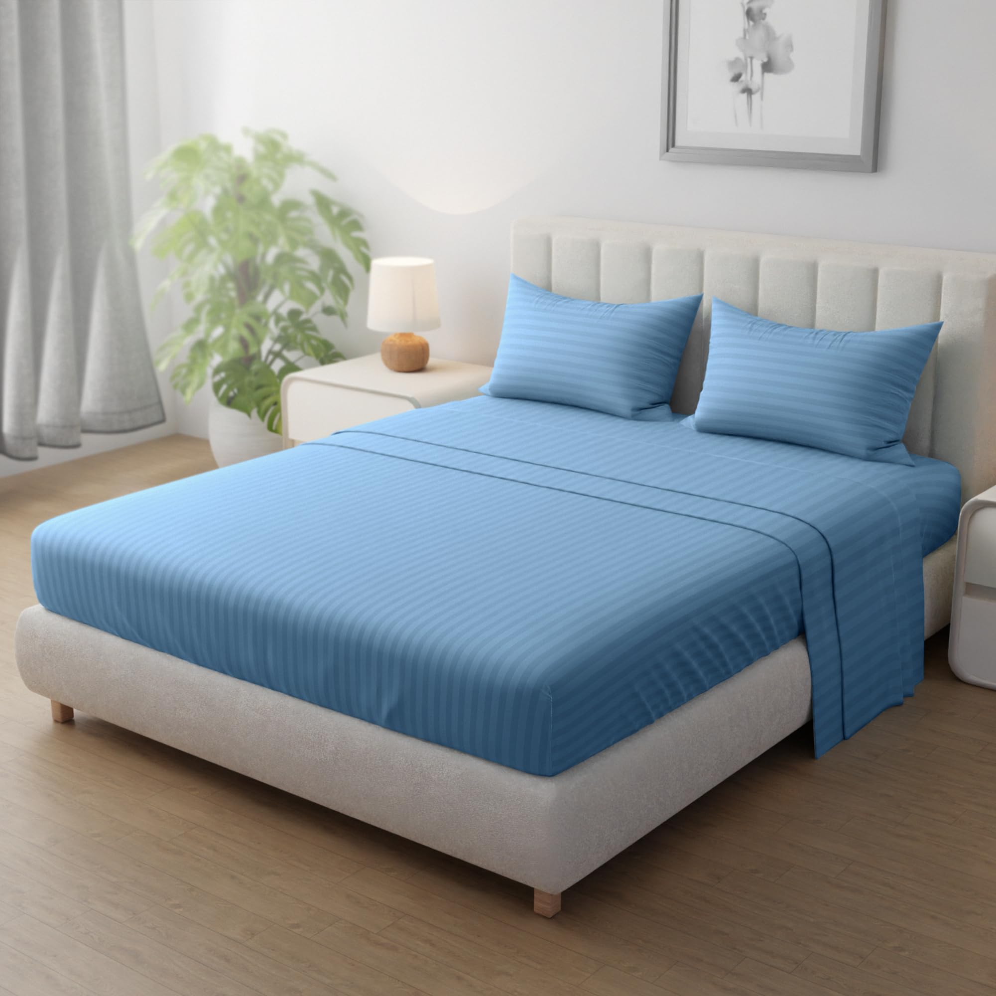 Hotel Linen Klub Stripe Microfiber Fitted Sheet Set - Queen (150 x 200 cm) + 2 Pillowcases (50 x 75 cm), Ultrasoft Plush Fabric, Durable Quality and Deep Pocket for a Perfect Fit, Metallic Blue