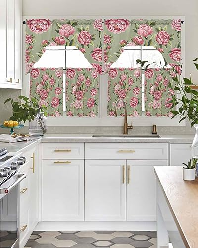 Miniatura 5 de Juego de cortinas de cocina con festón floral verde salvia, cenefa y nivel, 24 pulgadas de largo, diseño retro de flores rosa pastel, cortinas