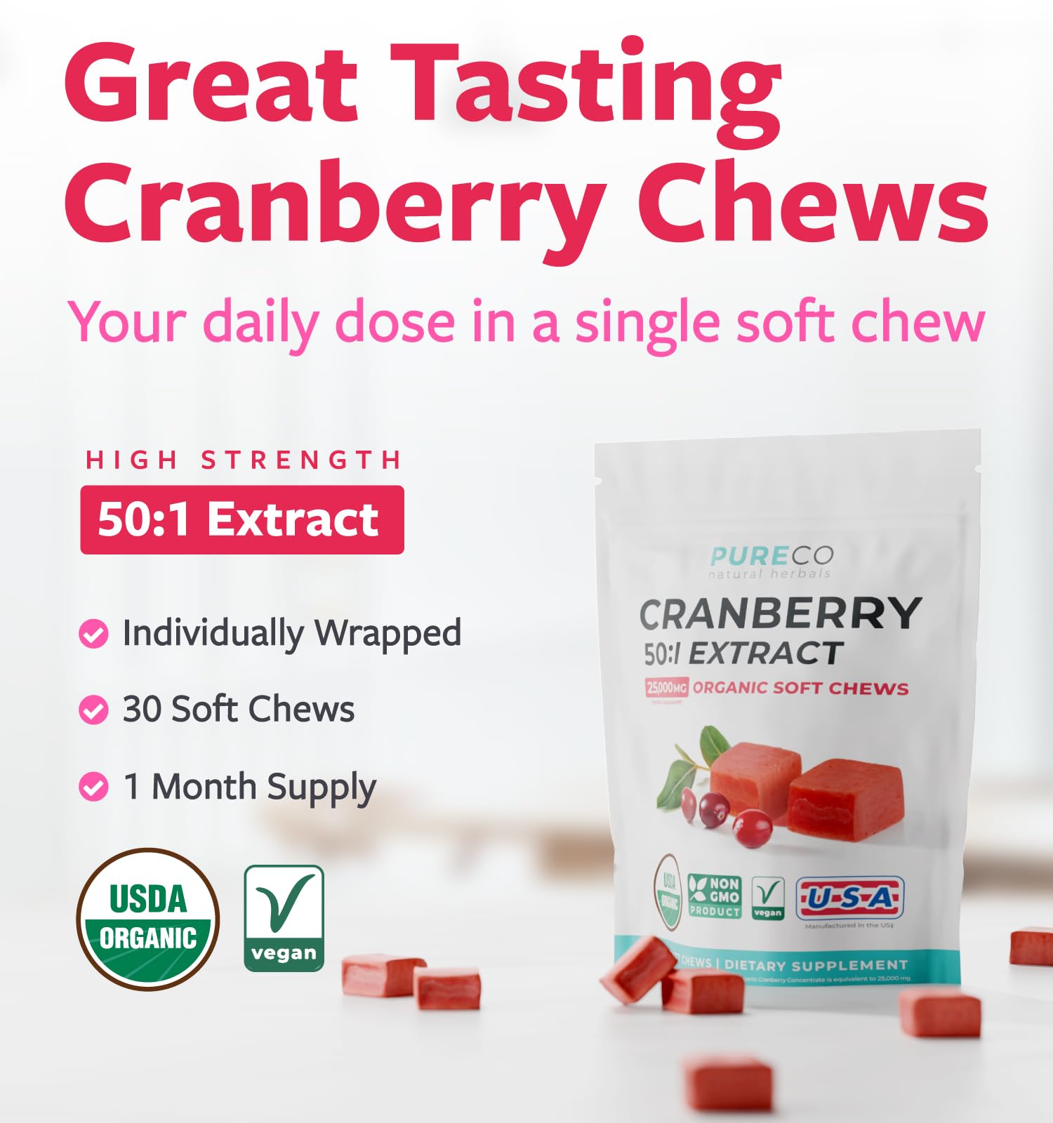 Certified Organic Cranberry Chews - Super 50X Potency Organic Cranberry Supplement for Women to Support Urinary Tract & Bladder Health — Amazon image 2