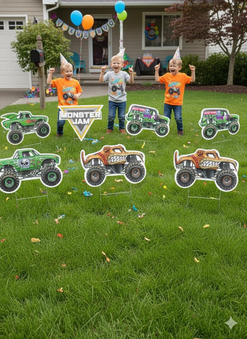 Monster Jam Yard Signs - Mega Yard Kit for Kids Birthday Party - 15 Signs, Metal Stakes - Officially Licensed Monster Truck Decorations