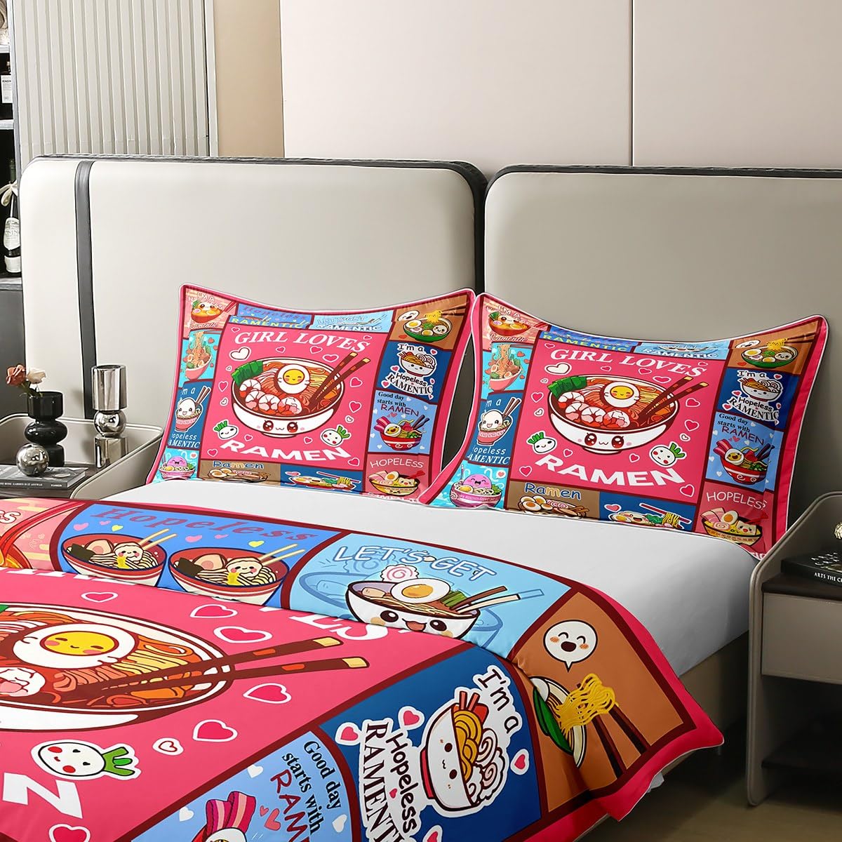Loussiesd Ramen Baumwolle Bettwäsche Set 155x220cm Kinder Jungen Mädchen Ramen Suppe Bettbezug Ultra weiches Geschenk für Mädchen liebt Nudeln Betten Mädchen liebt Ramen Bettwäsche-Set Zimmer Dekor