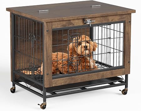Dog Crate Furniture with Wheels, 26in Small Heavy Duty Metal and Wood Dog Kennel Indoor Anti-Chew Pet Cage End Side Table for Small Medium Pets, Rustic Brown