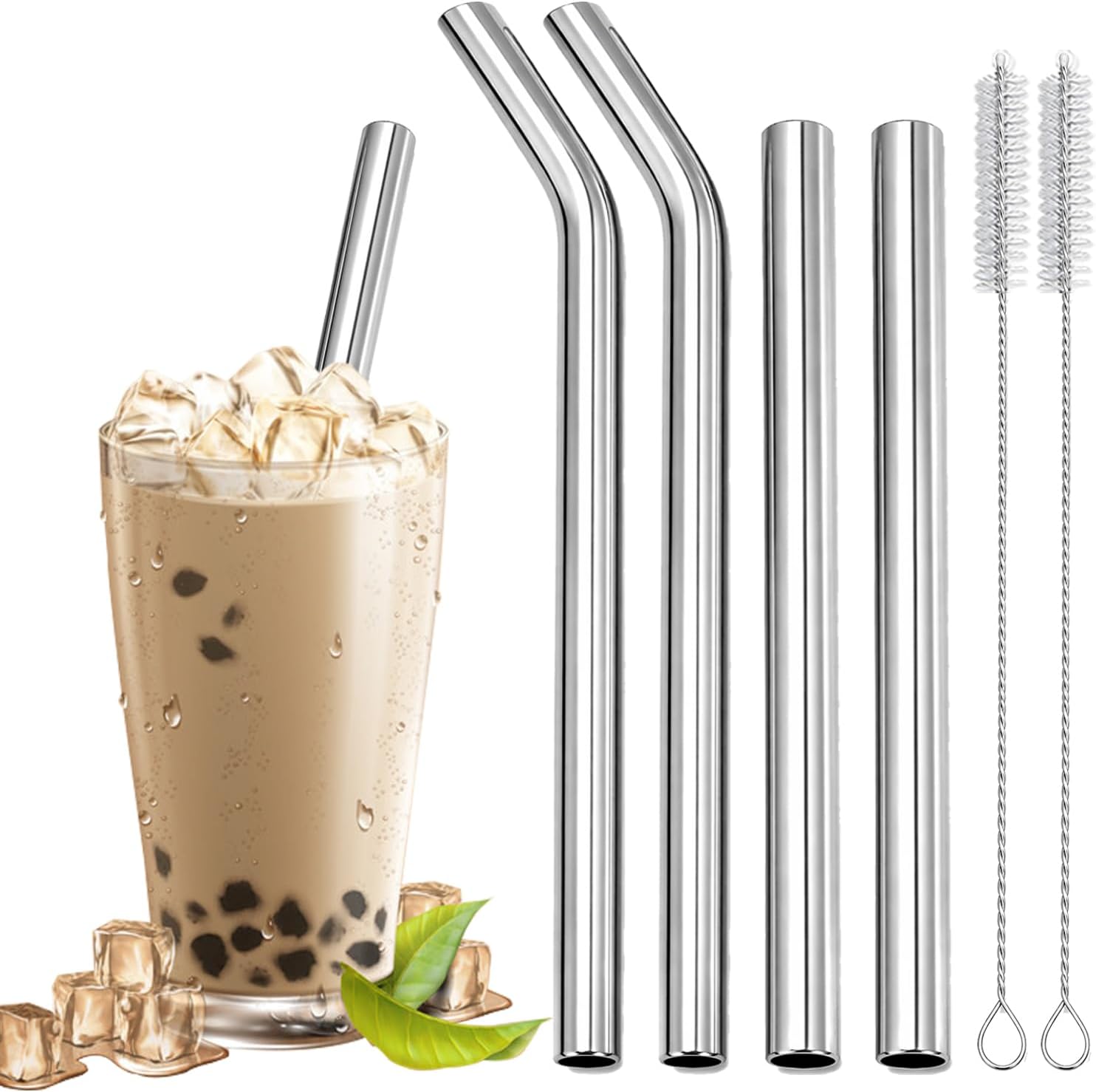 AOTWAN Stainless Steel Straws for Boba 4 Pcs, Smoothie Straws, 2 * 0.4'' Extra Wide 10.2’’ Long Bent + 2 * 0.5'' Extra Wide 8.5’’ Long Straight for Milkshakes, 2 Large Bristles Cleaning Brush