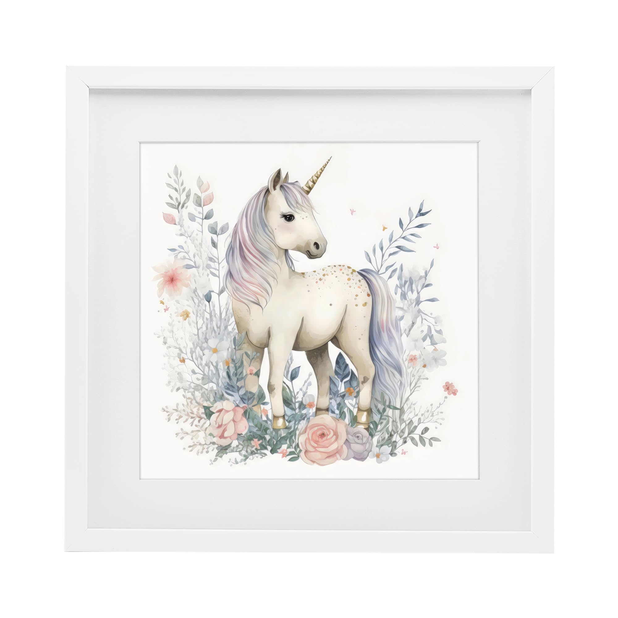 Cadre licorne forêt florale Stupell Industries sous verre blanc 40x40 cm