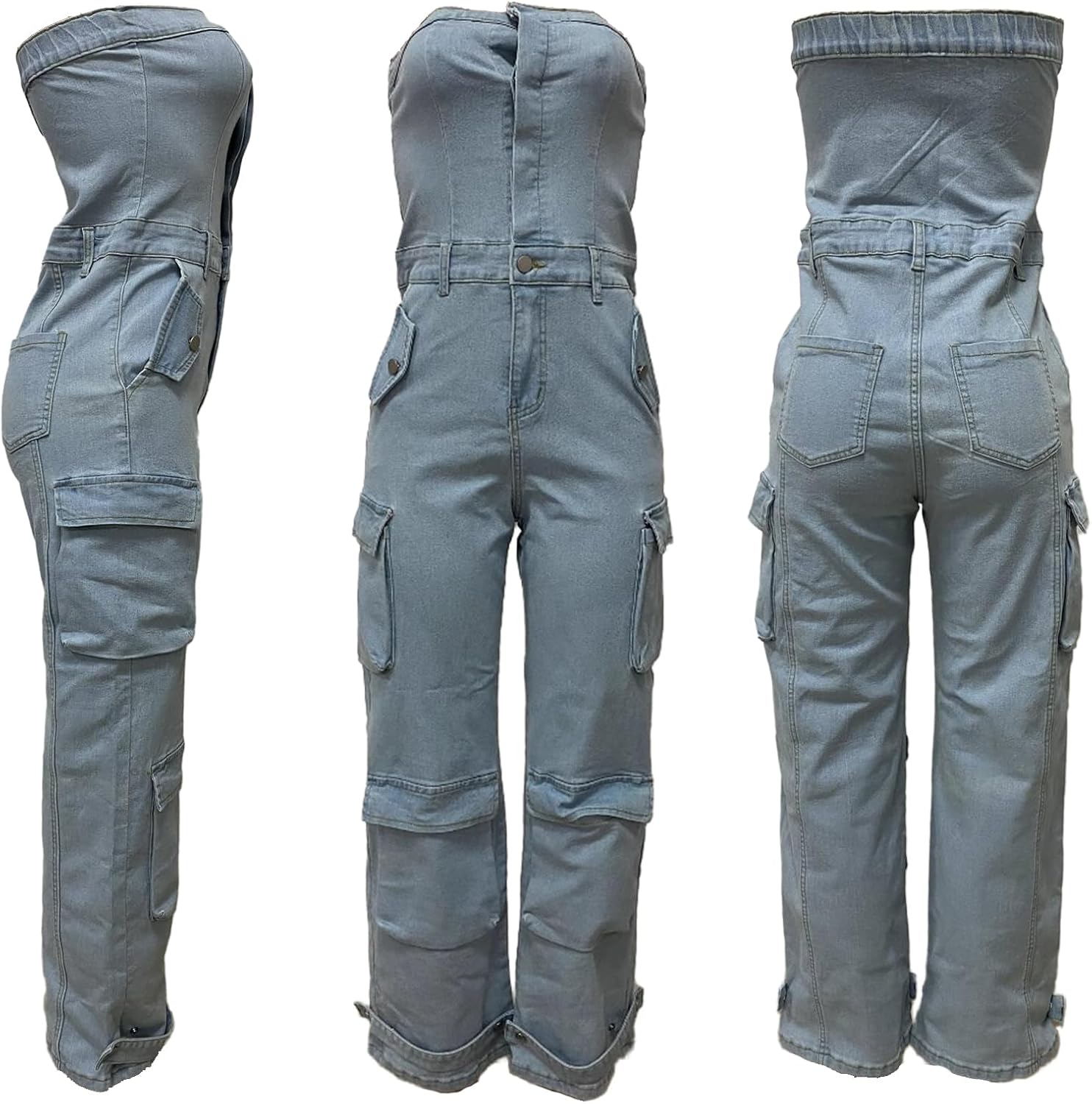 Tbahhir Denim Jumpsuit for Women Casual Off Shoulder Sleeveless Romper Wide Leg Overalls Tube Cargo Jean Pants
