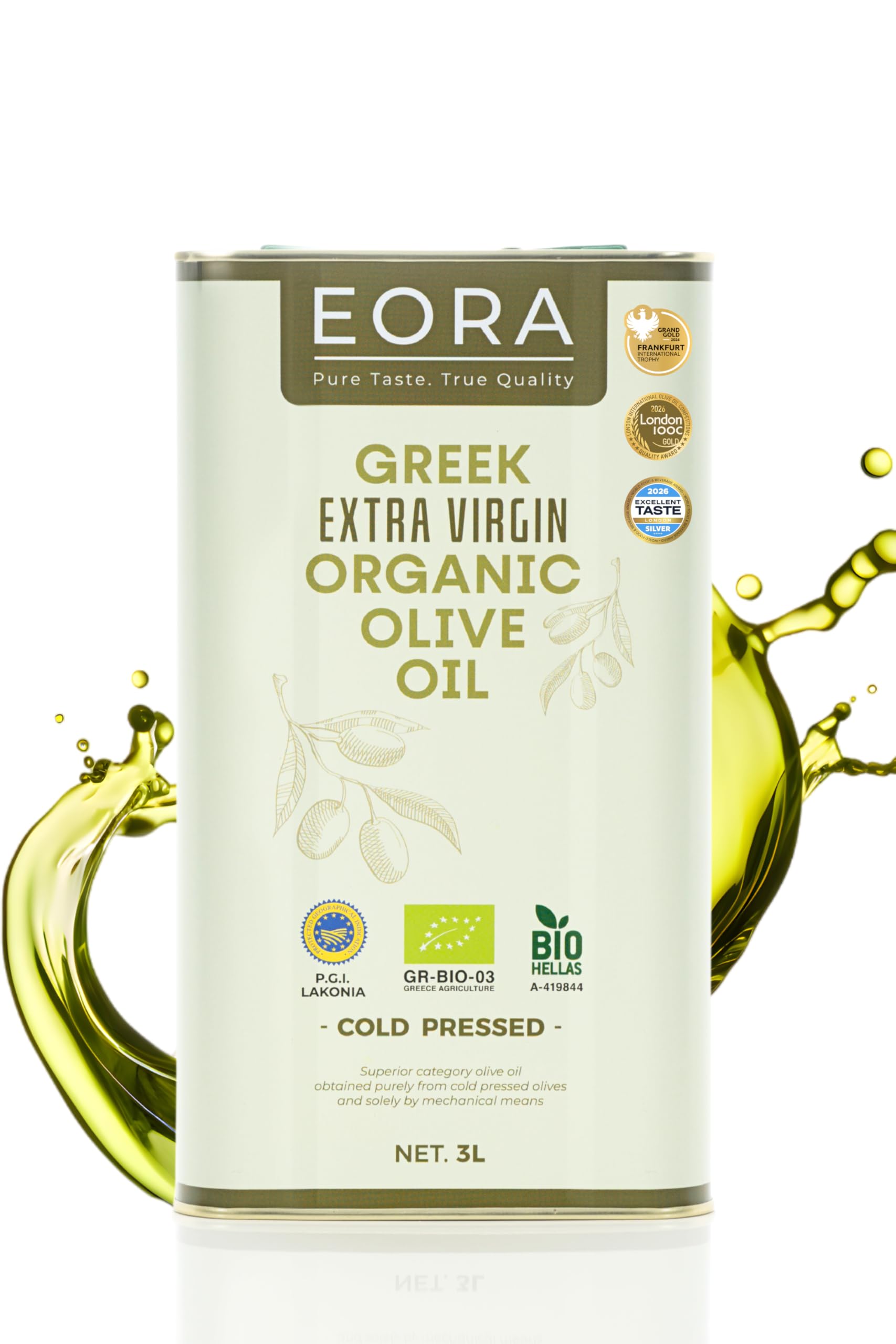 EORA Huile d’Olive Extra Vierge Grecque Bio Premium 3L (Nouvelle Récolte 25/26) – Haute teneur en polyphénols, extraite à froid, très faible acidité ~0,3% – origine unique IGP Lakonie, Grèce