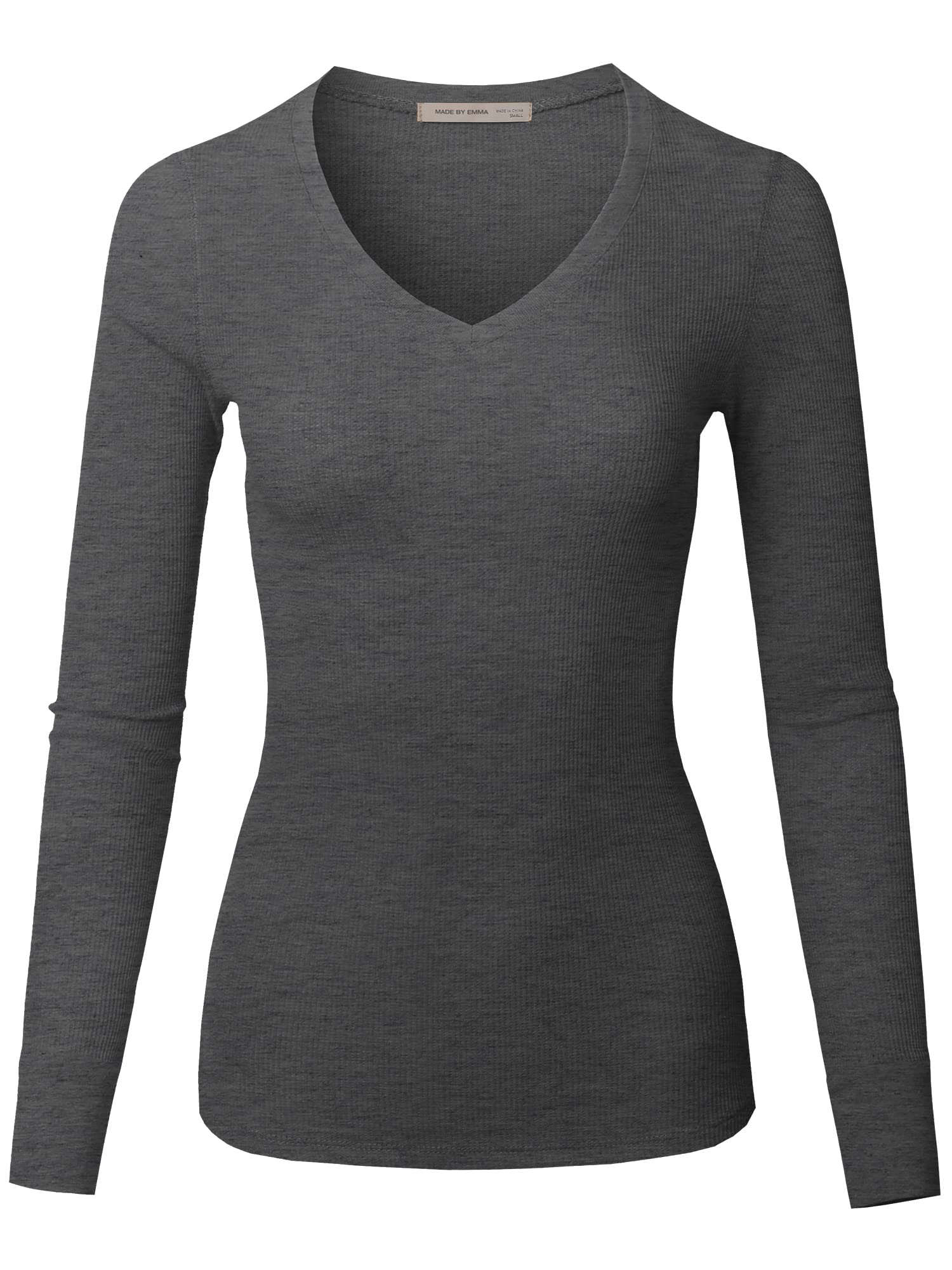 Made by Emma Women's Solid Basic Fitted T-Shirt V-Neck Long Sleeves Thermal Top Shirts