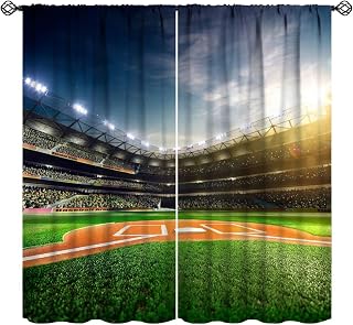Baseball Field Window Curtains, Baseball Game Stadium Arena Sports Ball Theme Cool Modern Print Window Drapes for Boys Men Teens Bedroom Playroom Gym, 42x45in (No Blackout)