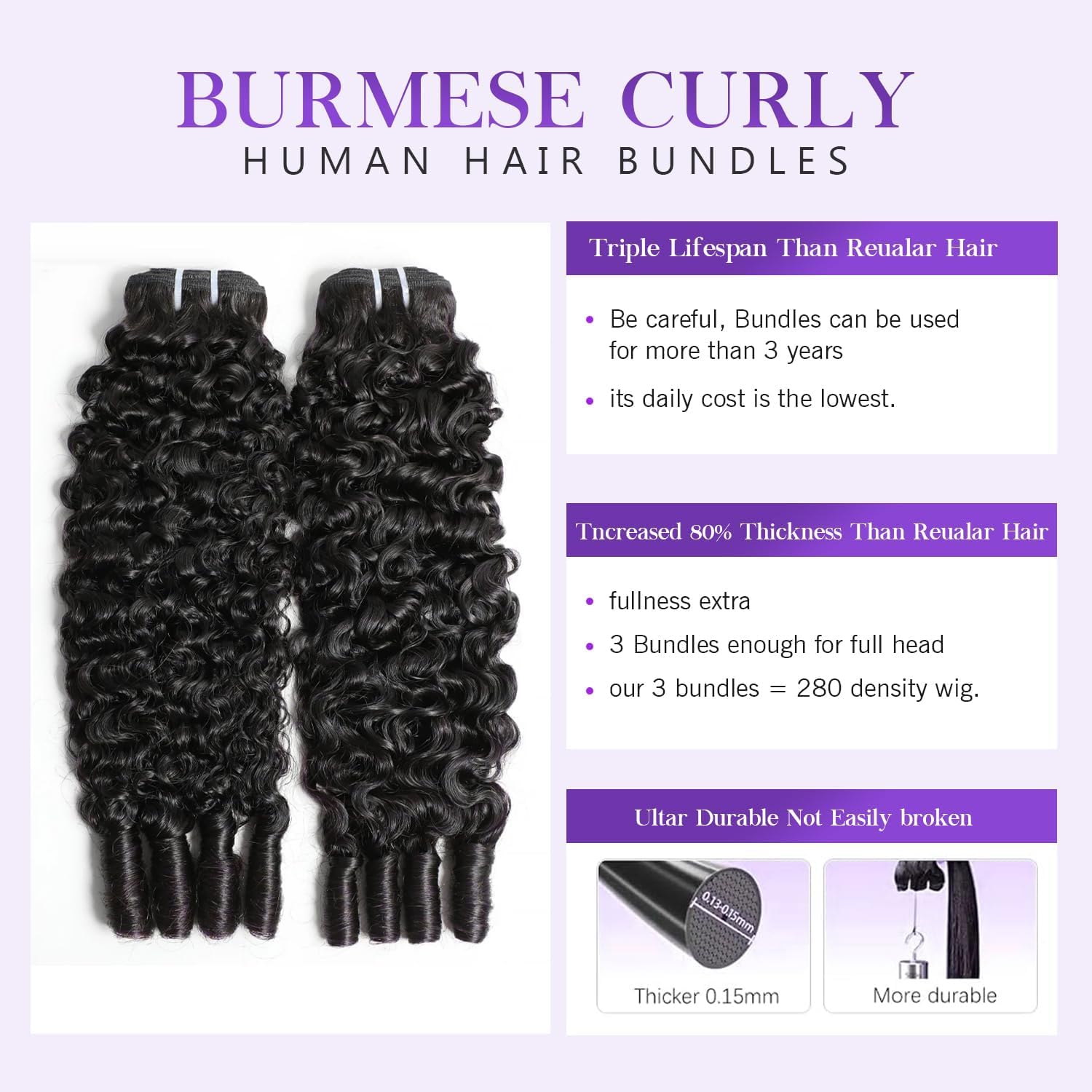 Burmese Curly Bundles Human Hair 3Pcs Water Wave Quick Weave with Spiral Curly End 100% Unprocessed 3C4A Kinky Curly Human Bundles in Hair Extensions 14 16 18 Inches Natural Black