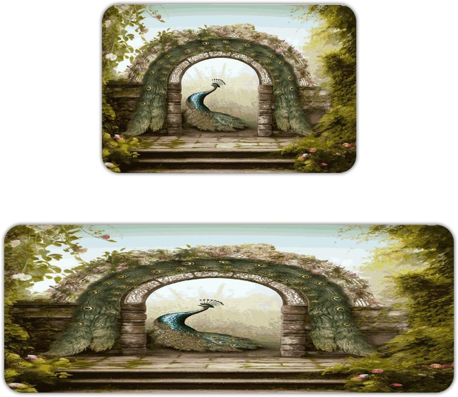 Garden Arched Door Peacock Kitchen Mats with 2PCS Non-Slip Washable,Kitchen Rug Heavy Duty Durable, Floor Mats for Kitchen,Office,Sink,Laundry