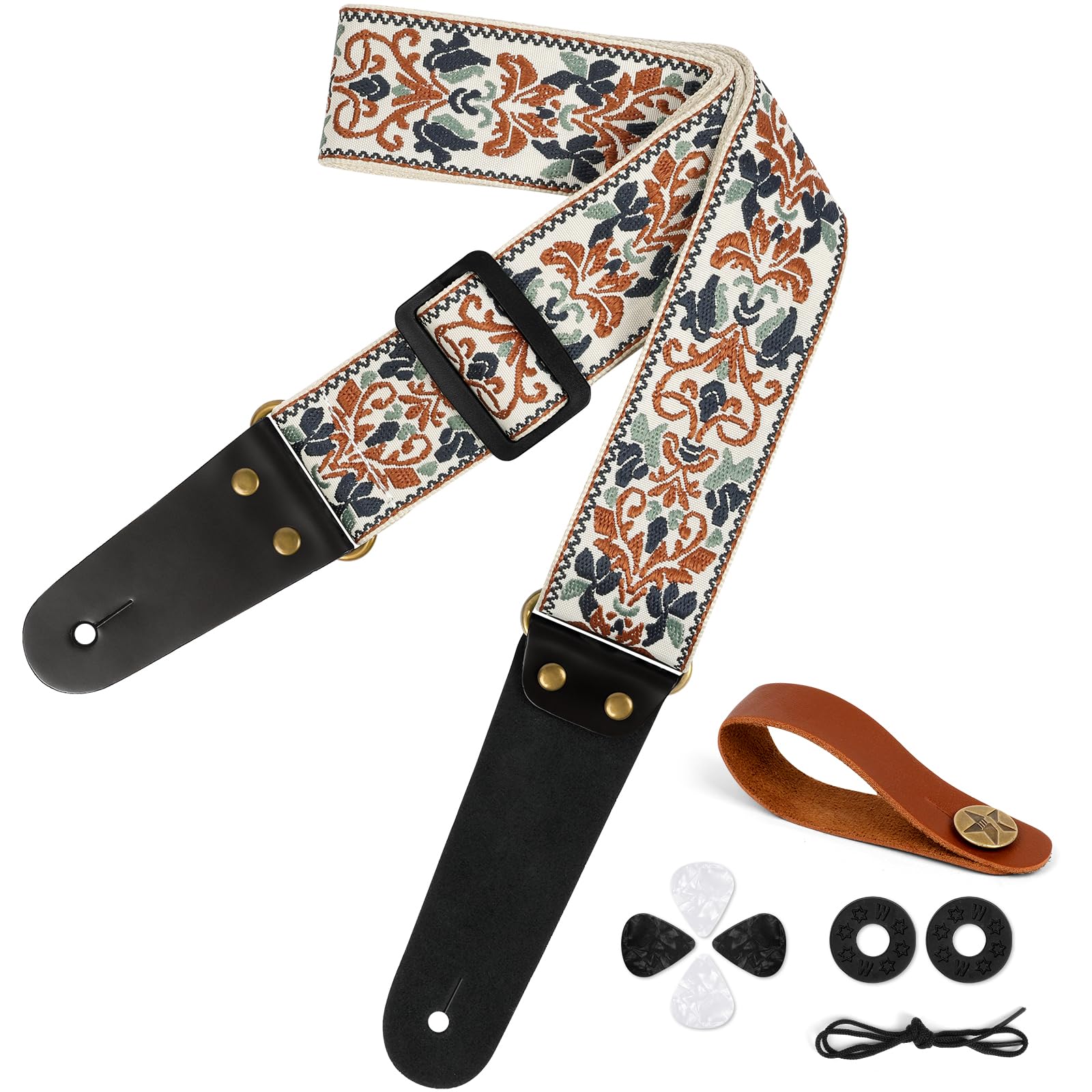 Aucuu Guitar Strap, 2" Embroidery Guitar Straps with Leather Ends Shoulder Strap
