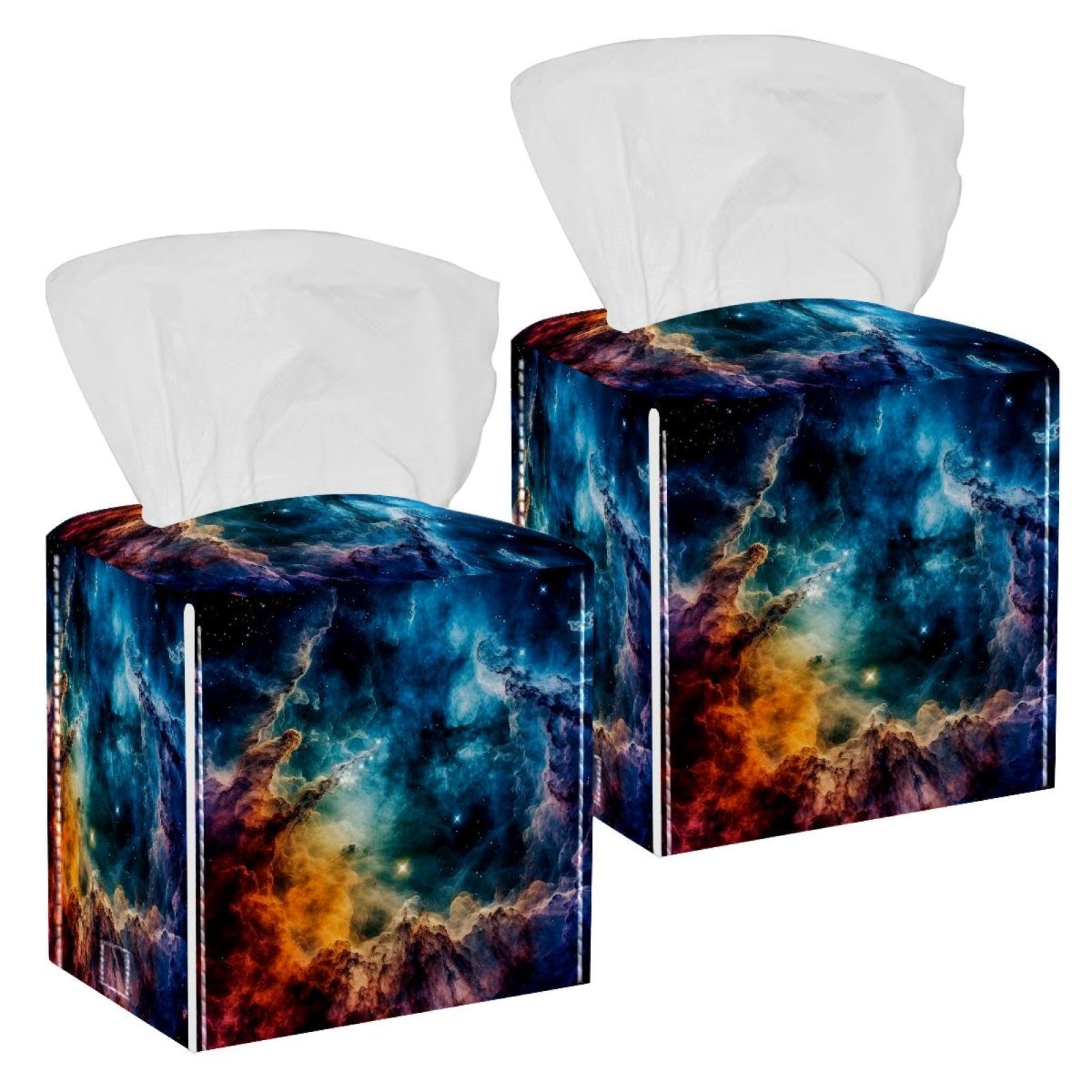 Stars Nebula Tissue Box Cover, 2 Pack PU Leather Square Facial Tissue Dispenser Box holder for Home Office Car