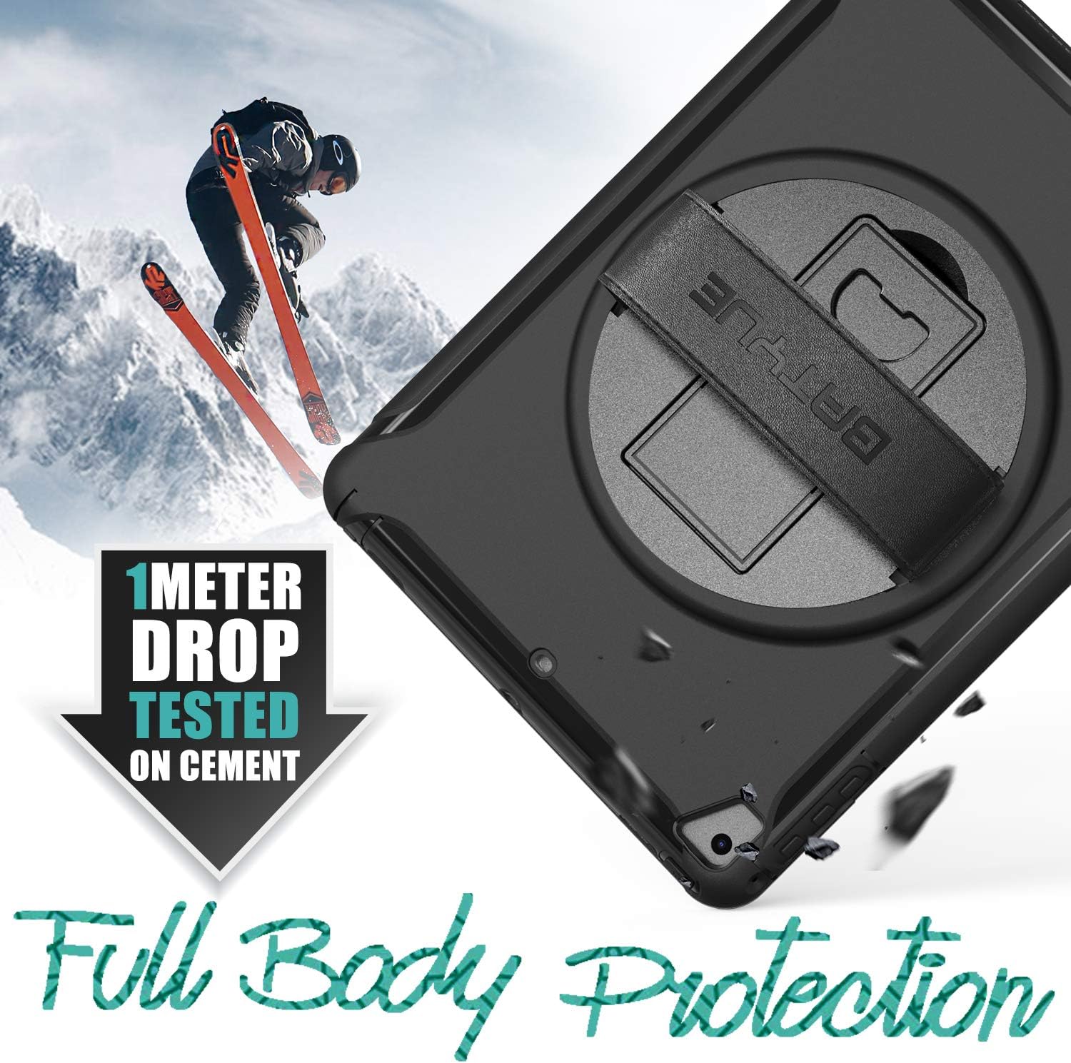 Limited Stock BATYUE iPad 9.7 Case 2018 iPad 6th Generation Case/ 2017 iPad 5th Generation Case, 3 Layer Heavy Duty Rugged iPad Air 2 Case/ iPad Air Case w/360° Swivel Stand + Hand Strap for iPad Pro 9.7 Case Black