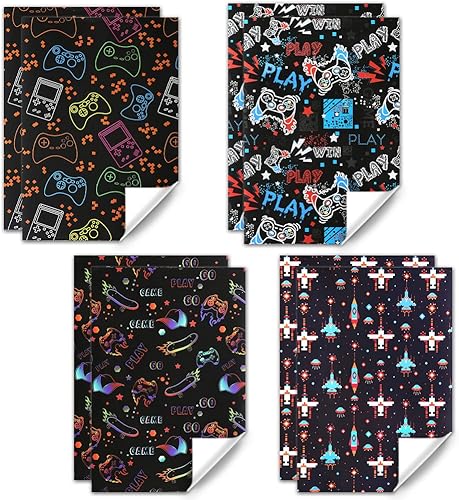 Miniatura 2 de Papel de regalo de cumpleaños para niños y niñas, amantes de los videojuegos, papel de regalo de videojuegos de 4 estilos, 8 hojas plegadas planas