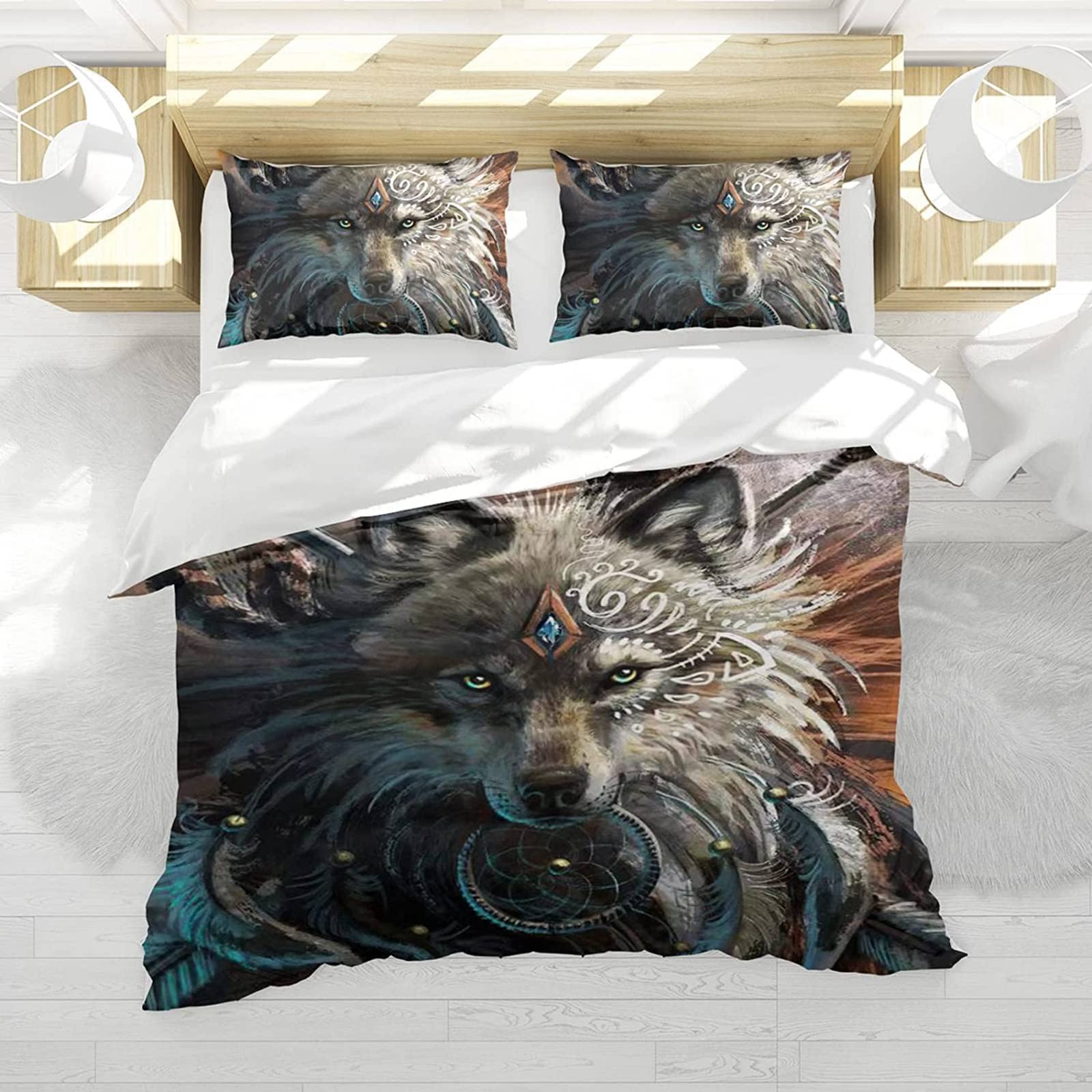 Juego de Ropa de Cama con diseño de Lobo en 3D, con Cremallera, Funda nórdica de Tres Piezas de Microfibra (C, 220x240cm)