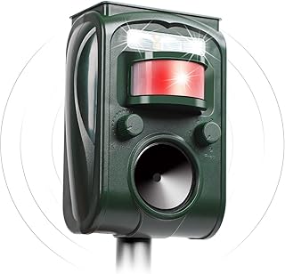 Ultrasonic Animal Repeller, Solar Powered Cat Repellent, Sonic Animal Deterrent with PIR Motion Sensor, Waterproof Battery...