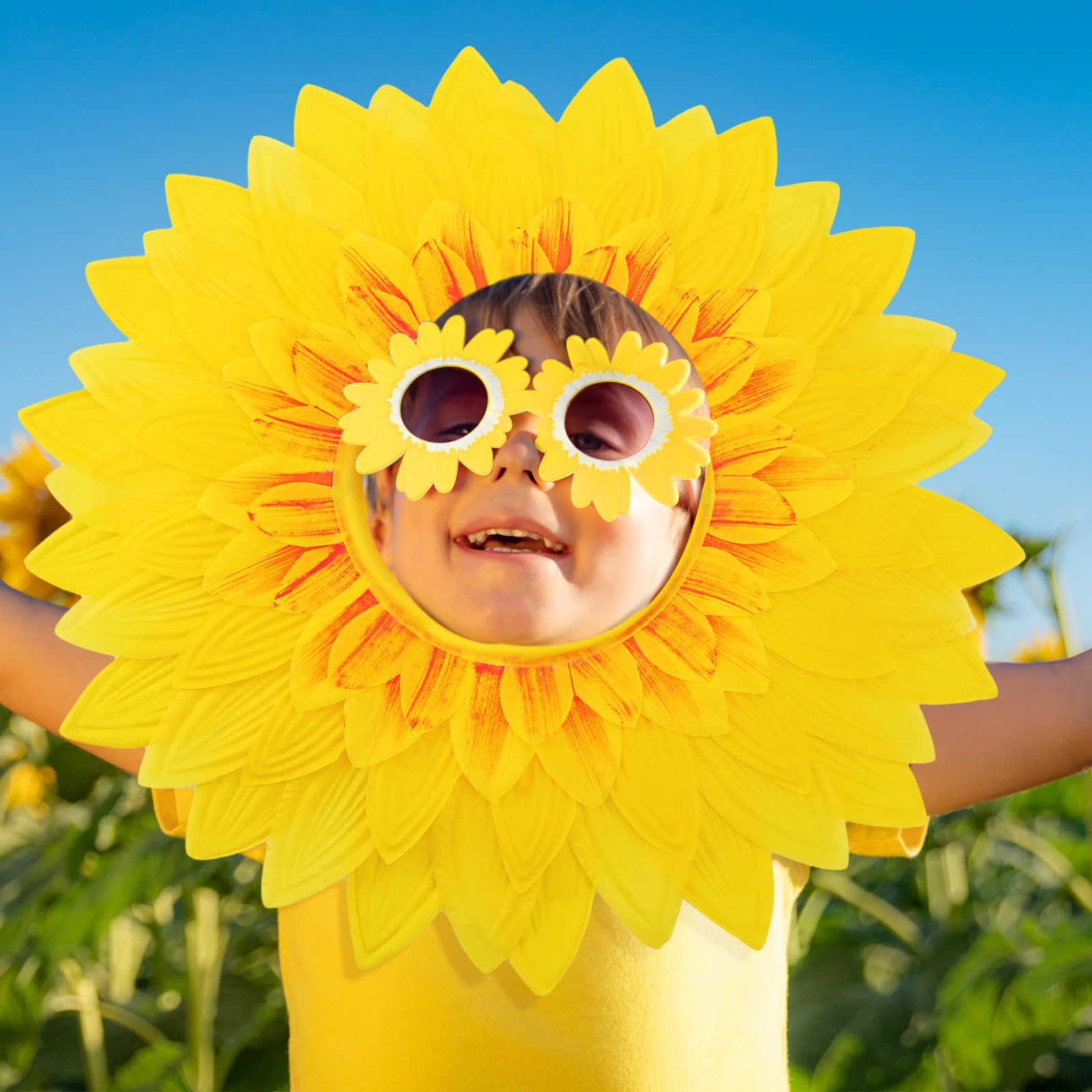Xtinmee 8 Pcs Sunflower Costume Set Sunflower Headgear Sunflower Glasses Green Gloves Green Tutu Dance Skirts Fun Performance Costume for Adult Teen Game