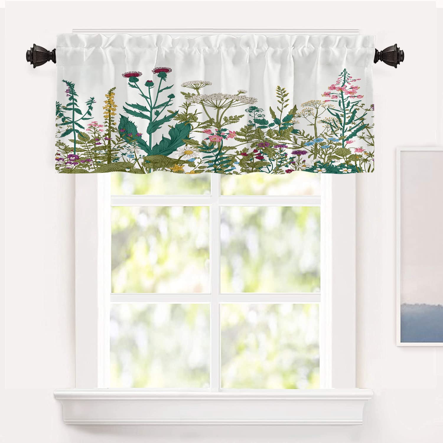 Shrahala Green Nature Flower Kitchen Valances, White Half Window Curtain Window Treatment Multilayer Polyester Blackout for Living Room Bathroom 52 x 18 in