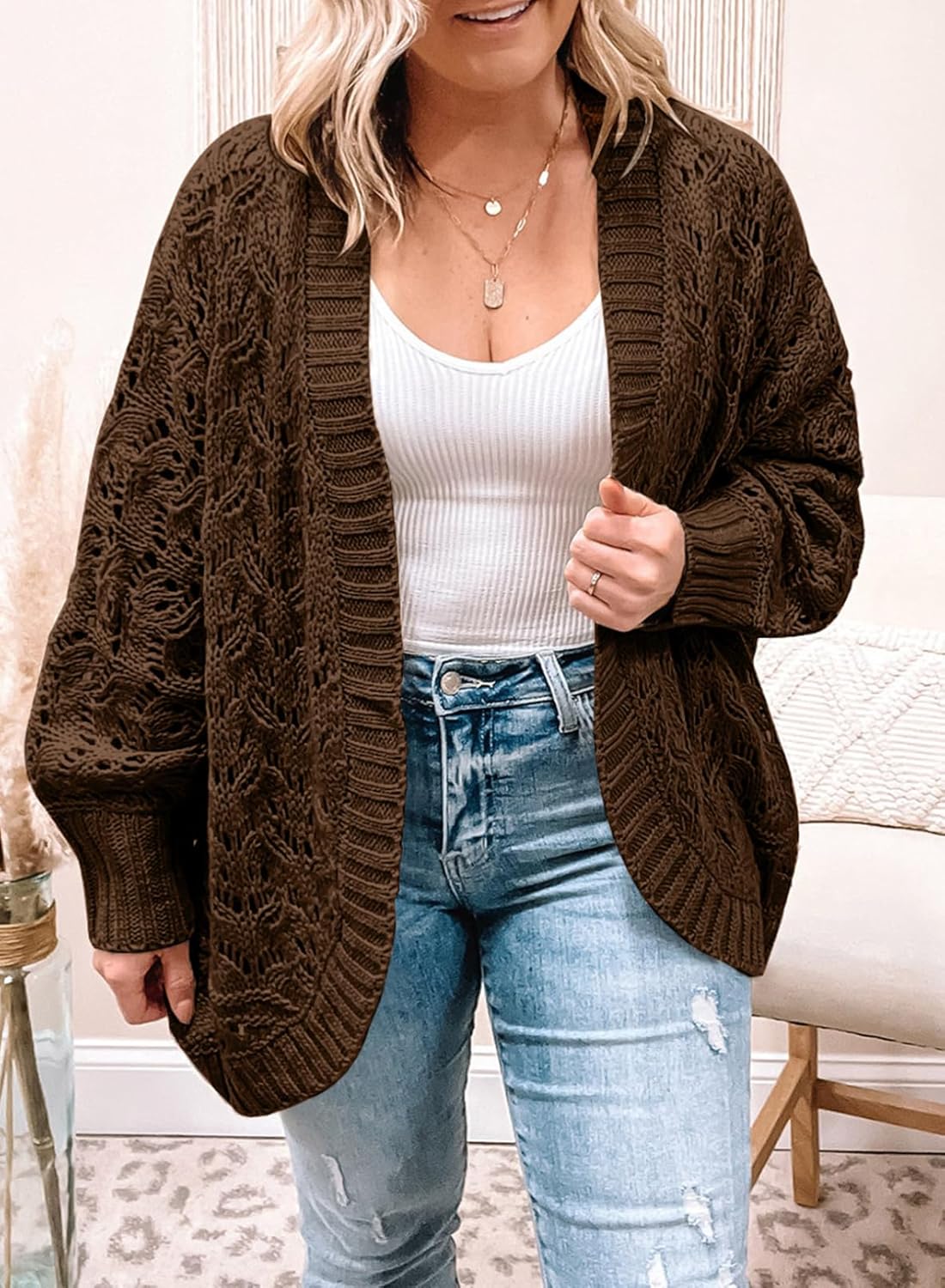 Eytino Womens Plus Size Crochet Cardigan Sweater Long Sleeve Hollow Out Open Front Cardigans Outwear(1X-5X) - Image 4