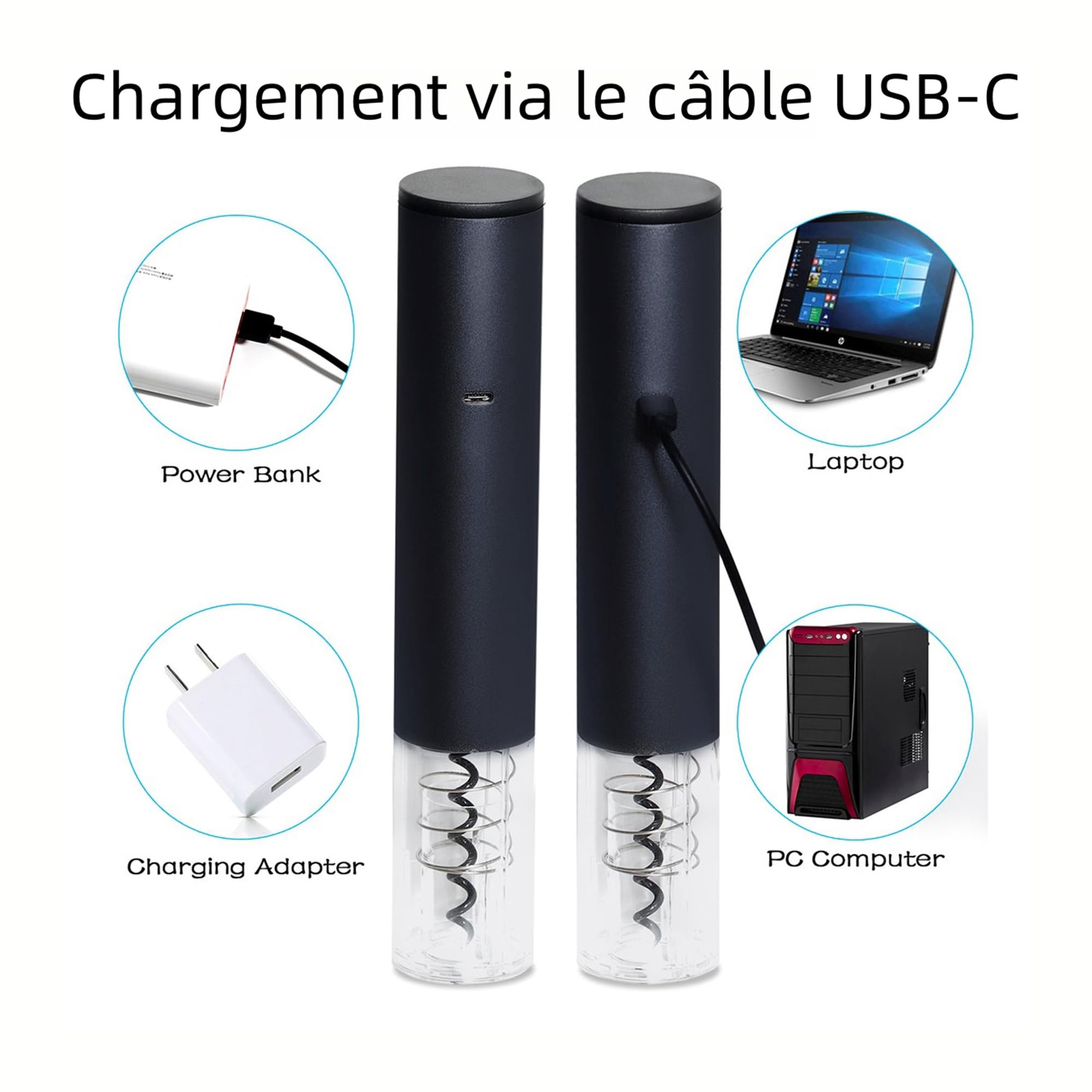 Hotool tire bouchon electrique rechargeable, ouvre-bouteille électrique avec coupe-feuille, bouchon de vin, aérateur de vin et câble de charge USB-C, idée cadeau de noel pour homme papa grand pere