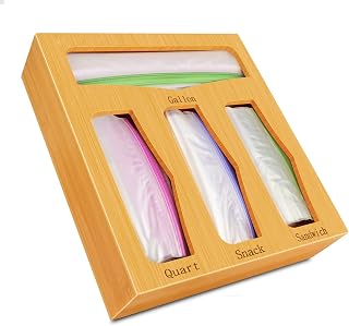 Plastic Bag Organizer for Kitchen Box,Bamboo Ziplock Bag Storage Organizer,Food Storage Bag Holder,Compatible with Quartz Sandwich and Snack Bags