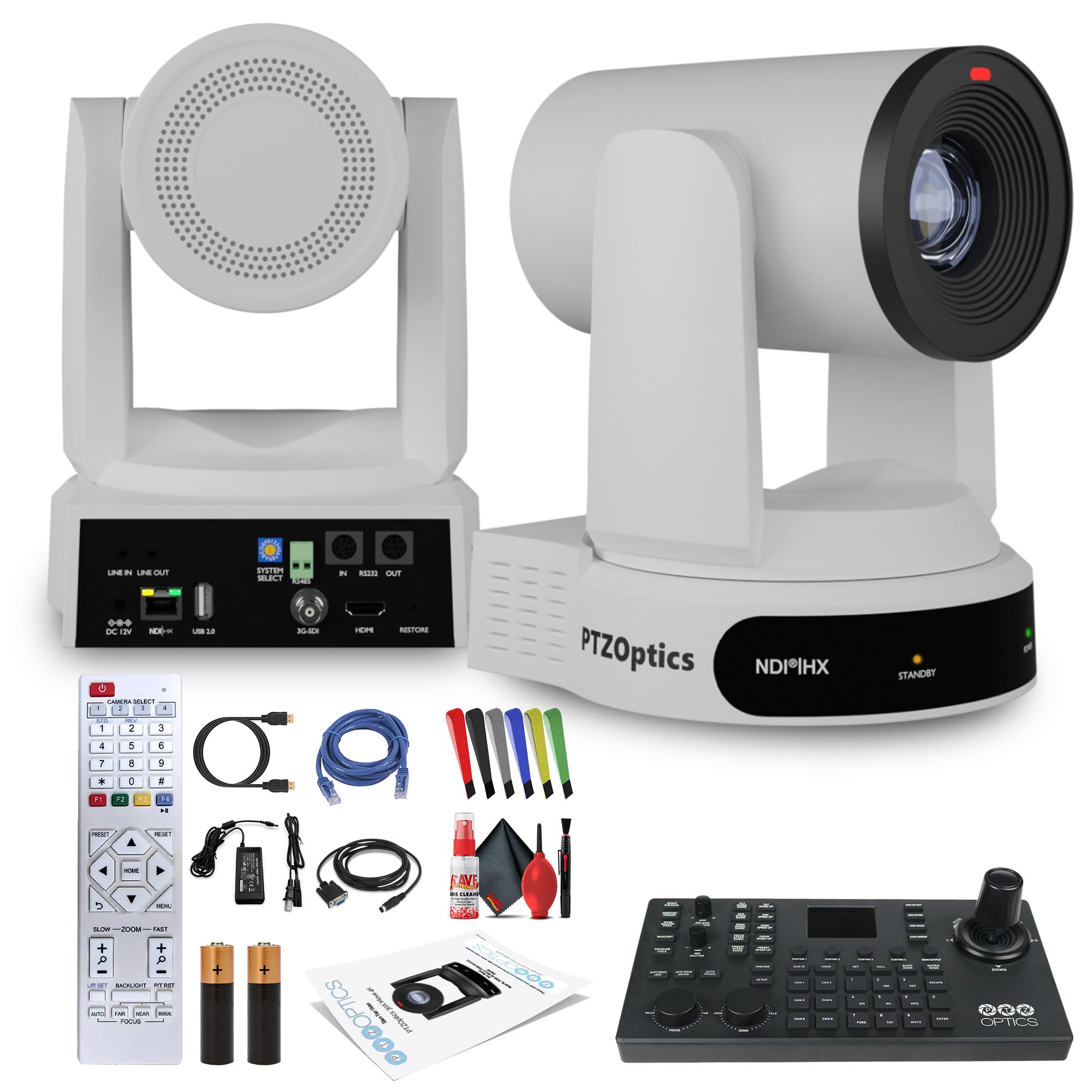 PTZOptics Move 4K SDI/HDMI/USB/IP PTZ Camera with 30x Optical Zoom (White) (PT30X-4K-WH-G3) PTZ Camera Joystick Controller + Lens Cleaning Kit +