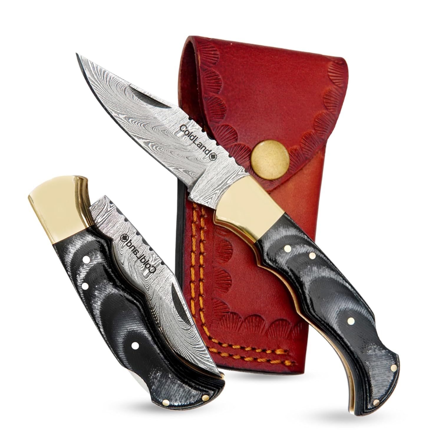 ColdLand Damascus Folding Knife - 6.75 Inch Pocket Knife with Micarta Handle & Back Lock Mechanism - Includes Leather Sheath - Full Tang Knives for EDC, Hunting, Skinning & Camping (ILFOL01-V4)