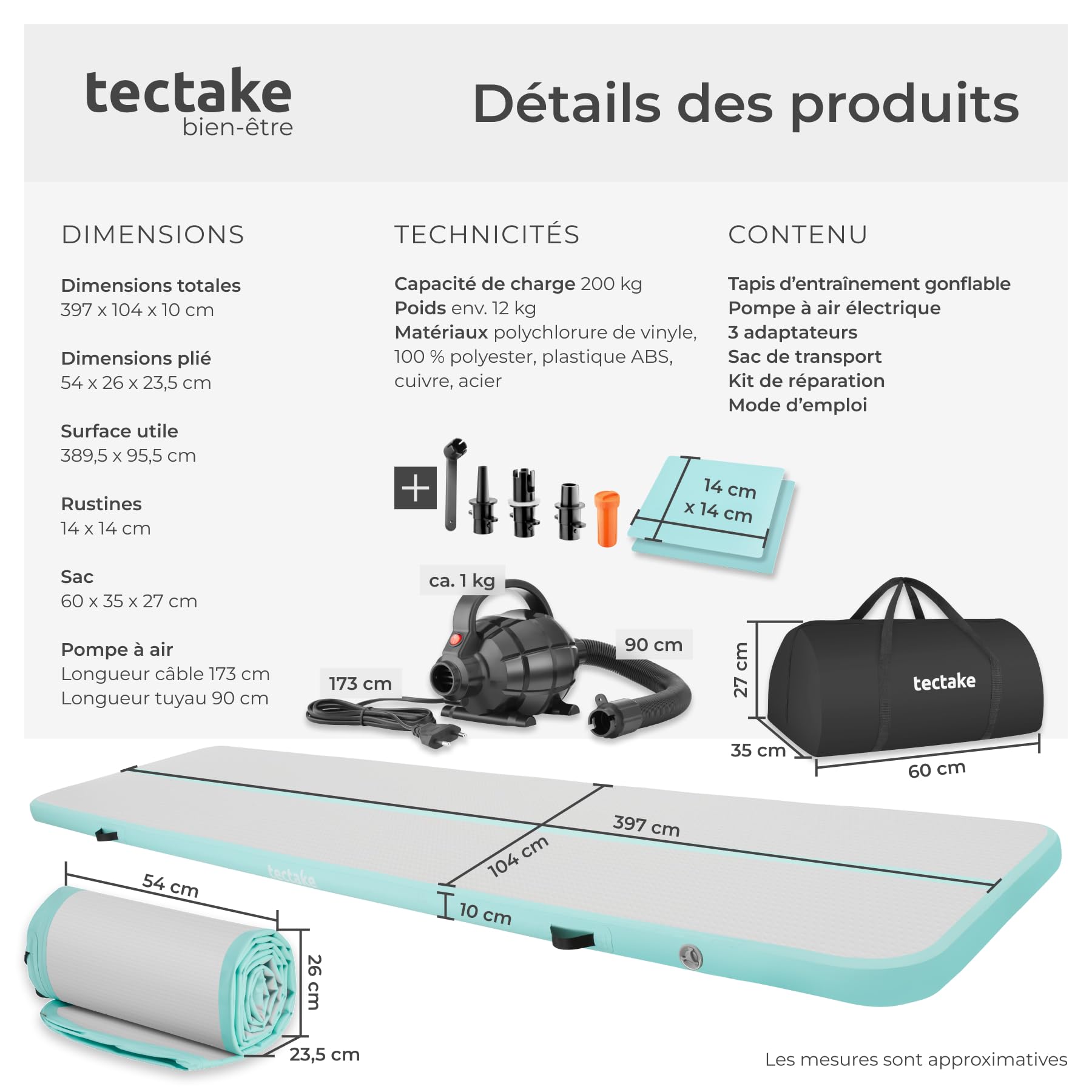 tectake® Tapis de sport Airtrack 397 x 104 x 10 cm, Tapis de gymnastique gonflable épais, Tapis de yoga Pliable, Antidérapant & Imperméable, Gonflage rapide, Fitness Arts martiaux Pilates Musculation