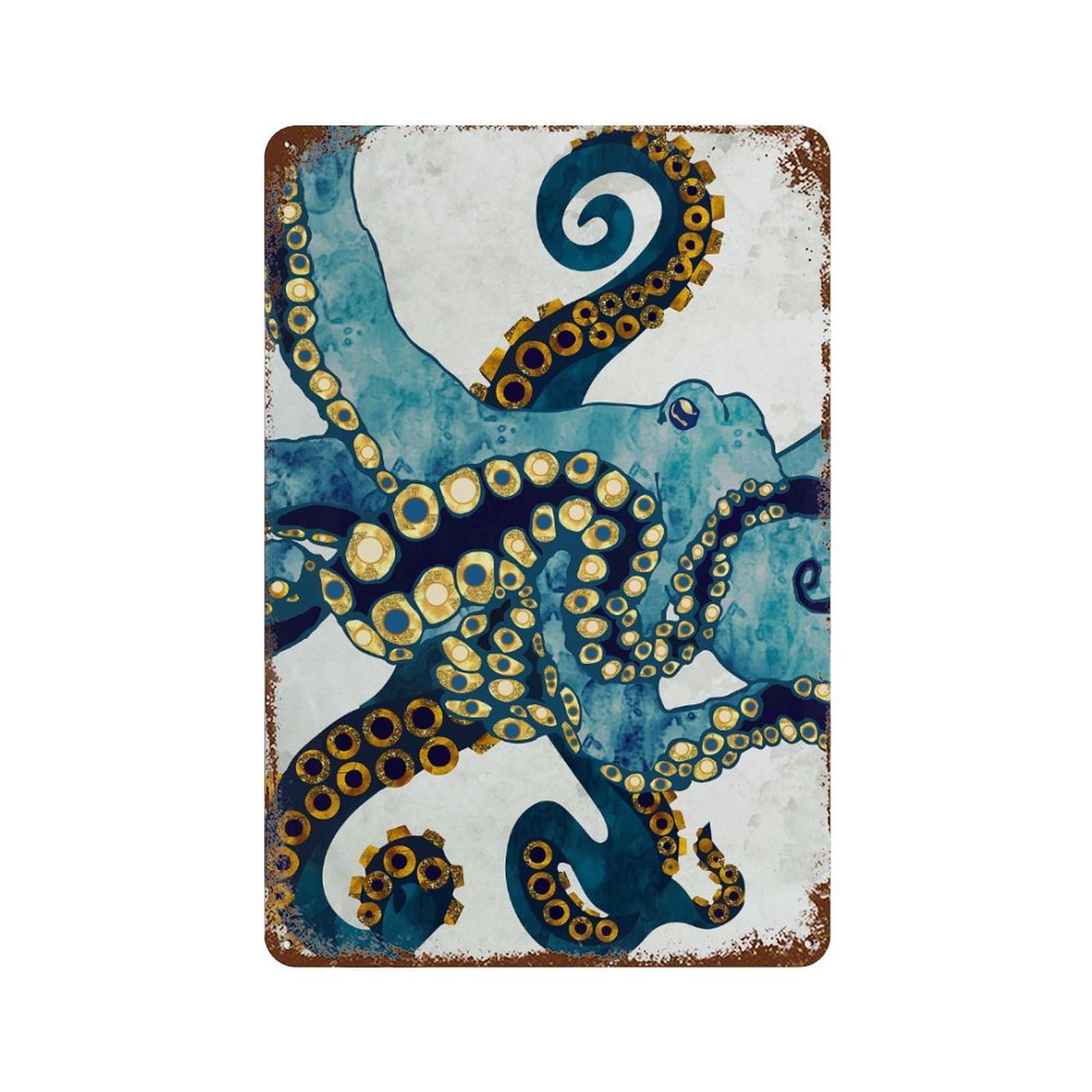 Decorative Tin Sign with Metallic Octopus VI Design 11.8"x7.9", for Farmhouse, Kitchen And Entryway Decor, Old School Wall Decor