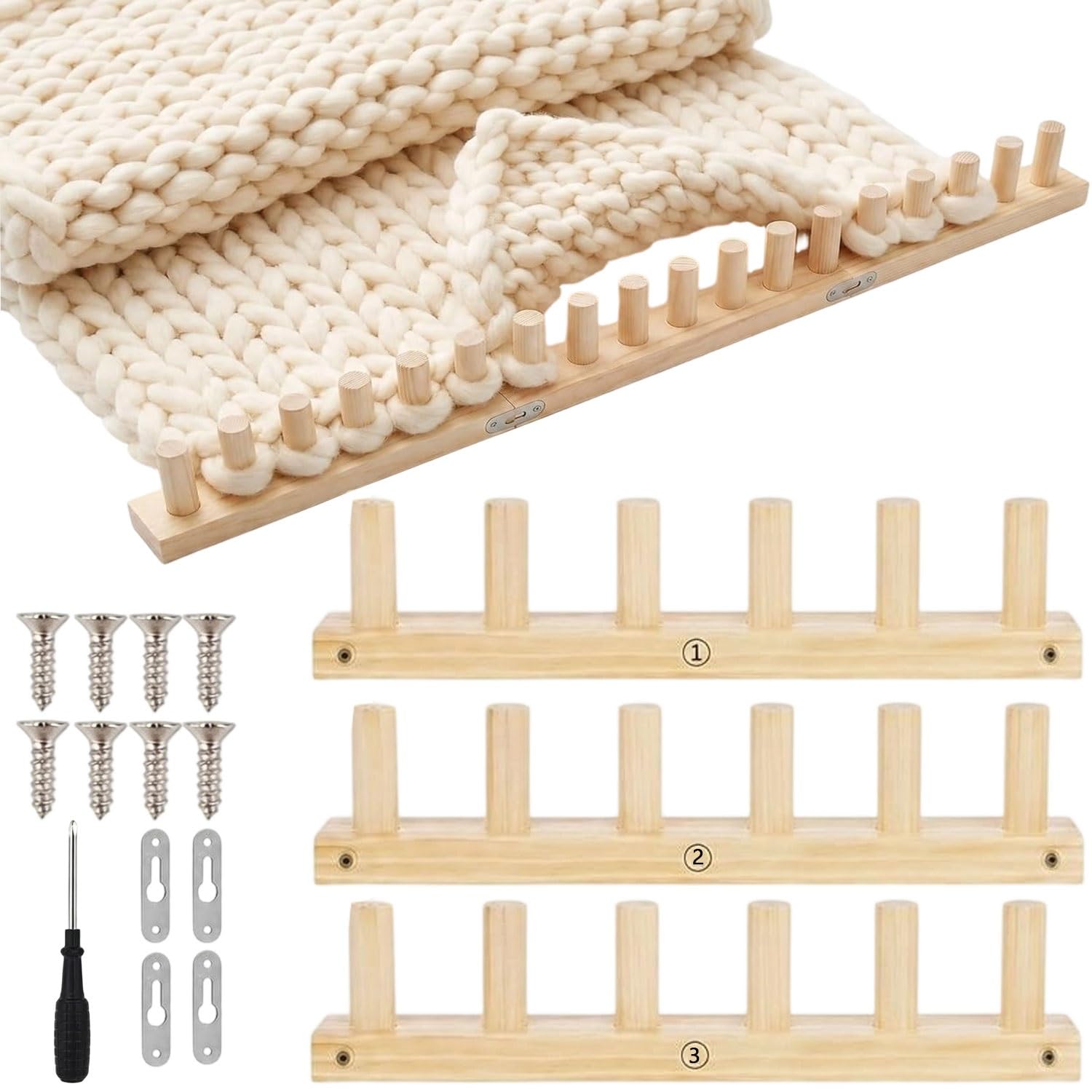 SDNAM Chunky Knitting Blanket Loom, 1/2/3PCS Thick Wooden Blanket Loom for Chunky Yarn, Chunky Blankets Loomss Adjustable Size Crochet Frame, Hand Knitting Tools for Thick Yarn(3pcs)