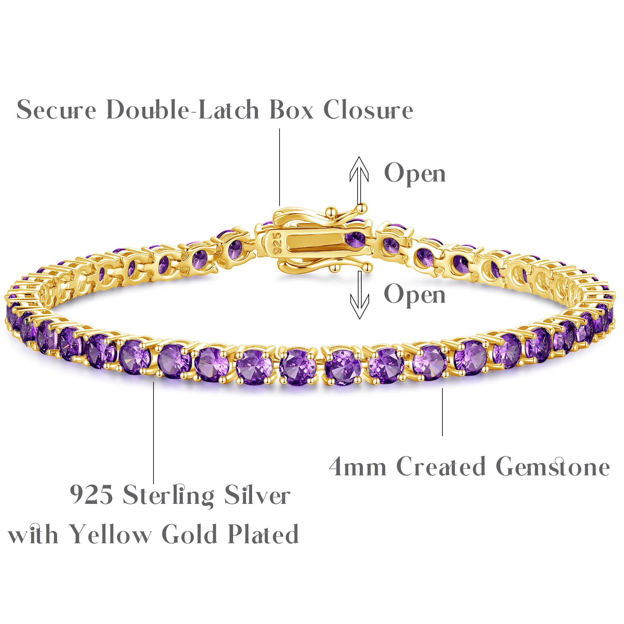 Bracelet Geburtssteinarmband Gold Tennis Armbänder 925 Sterling Silber Fine Schmuck Hochzeit Braut Abschlussball Geburtstag für Frauen, Länge 7,9 Zoll Breite 4mm, mittel, Sterlingsilber, Amethyst