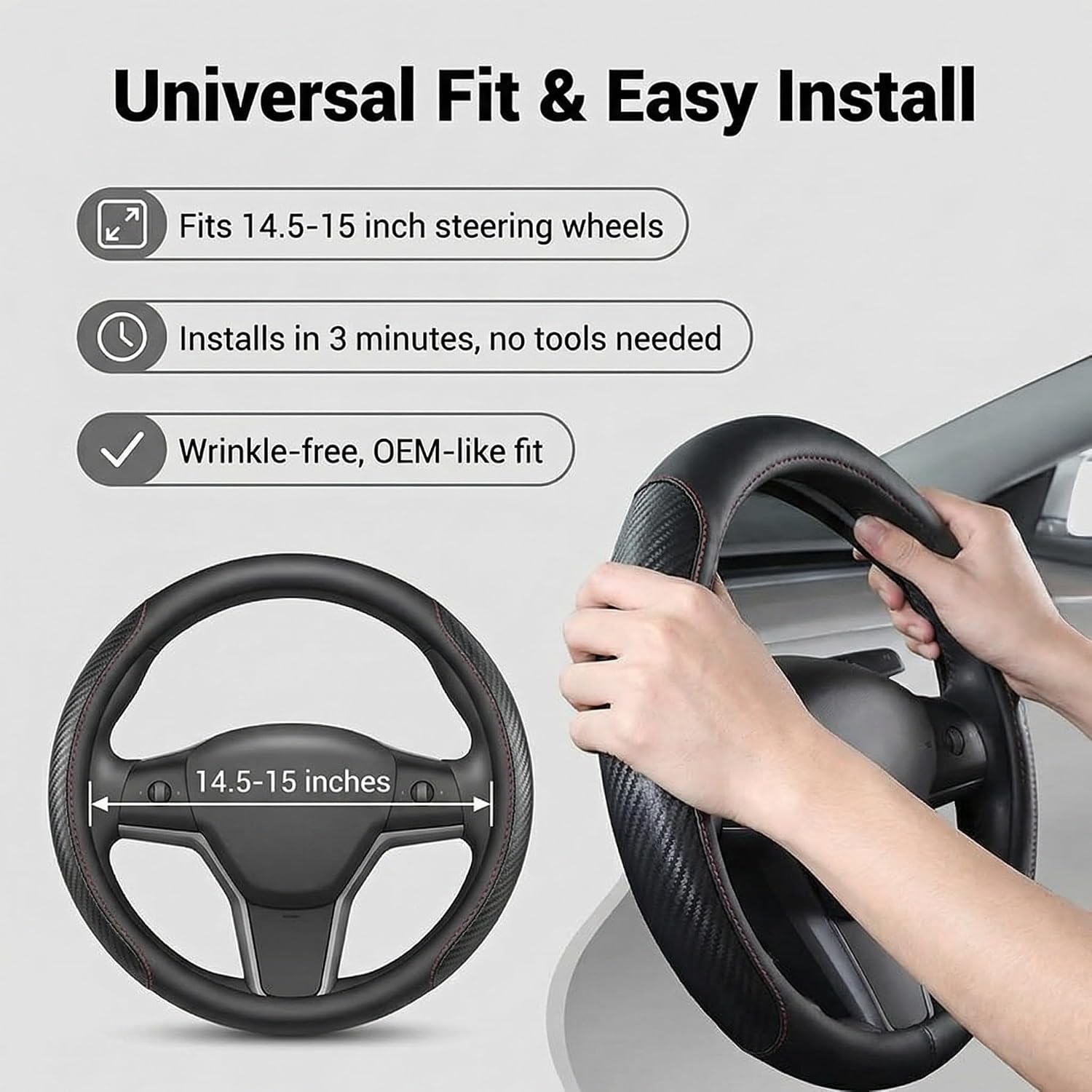 Car Steering Wheel Cover with Carbon Fiber Texture, Premium Leather Non-Slip Grip, Universal Fit for Auto SUV Truck, 14.5-15 Inch