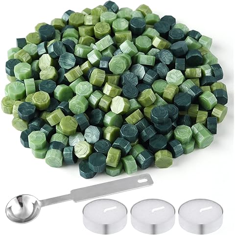 FEPITO 300 Pcs Octagon Sealing Wax Beads with 3 Pcs Tea Candles and 1 Pcs Wax Melting Spoon for Wax Stamp Sealing (Green Mix)