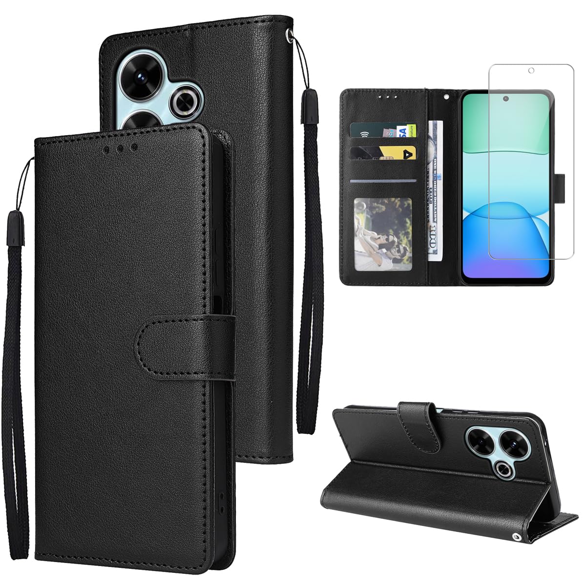Cover Con Portafoglio E Vetro Temperato Per Xiaomi Redmi 13 4G / Poco M6 4G - Pelle PU, Nero - 2