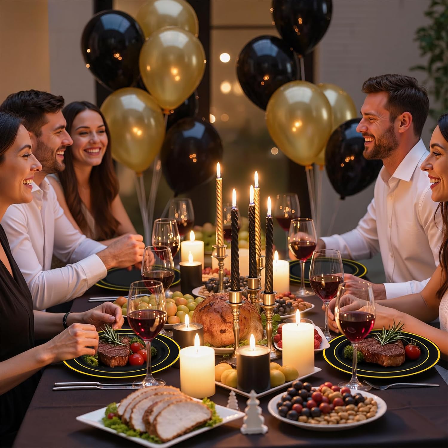 WDF 150PCS Black Plastic Plates - Black and Gold Plates Disposable - 25guest Disposable Dinnerware Sets for Party/Wedding/Halloween/New Year - Image 7