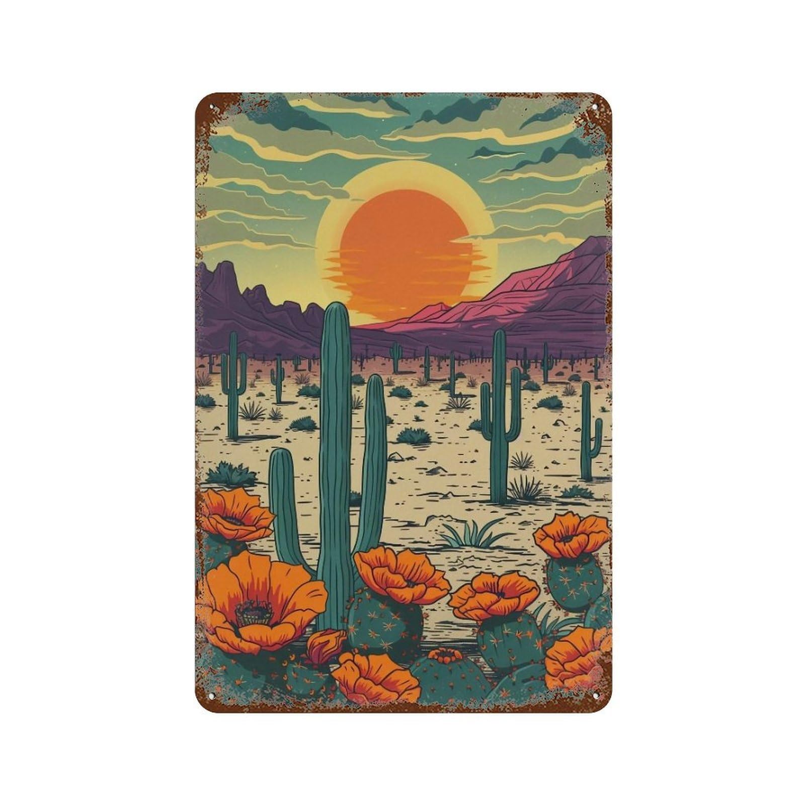 Wihyrtui Style Retro Flat Sunset Saguaro Desert Floral Vista 04 Wall Retro Iron Metal Tin Sign Vintage Art Poster Modern Home Cofffee Club Art Bar Shop Decor 30X20cm