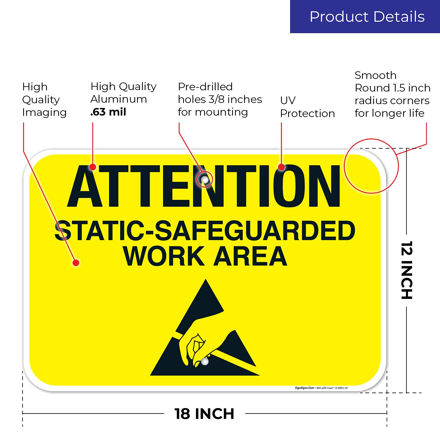 Attention Static-Safeguarded Work Area Sign, 12x18 Inches, Rust Free .063 Aluminum, Fade Resistant, Made in USA