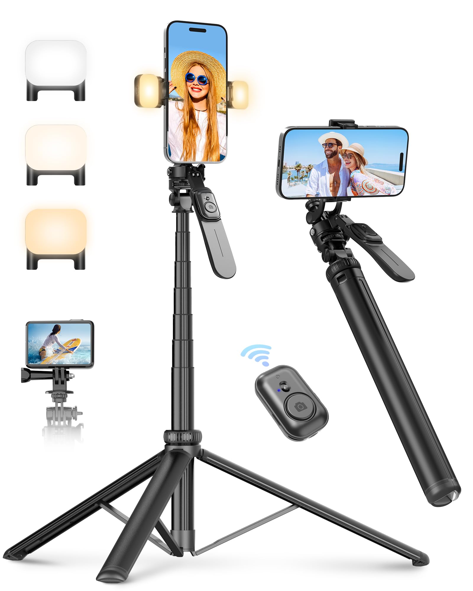 Eocean Selfie Stick with Light, 2m Mobile Phone Tripod Stand with Dimmable Fill Light, Selfie Stick Tripod for iPhone, Tall Mobile Stand for Video Recording/Vlogging/Filming, Compatible for Gopro