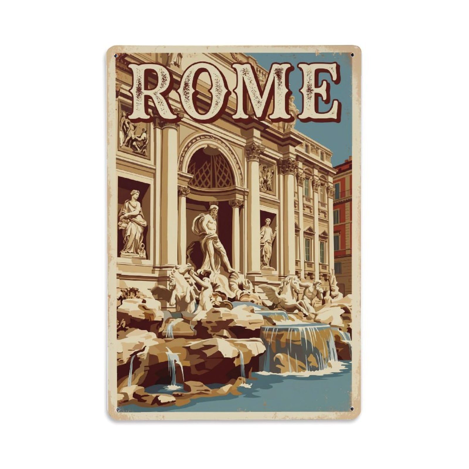 Vintage Travel Rome Trevi Fountain Baroque Masterpiece Rusted Italy Metal Tin Sign Plaque Wall Decor for Cafe, Club Bar, Office, Home Garden Metal Poster 8x12Inch