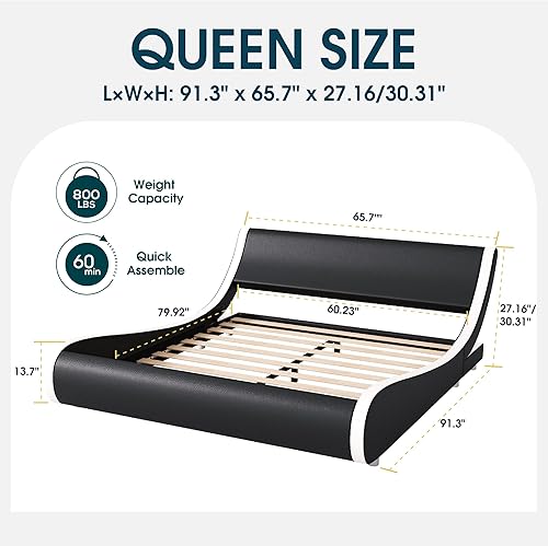 Miniatura 2 de WEEWAY Base de cama moderna de plataforma tapizada tamaño Queen, cama de trineo de piel sintética con cabecera ajustable, soporte de listones de