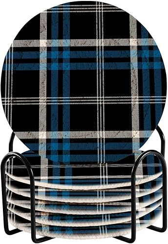 Absorbant Coasters and Holder Set of 6 Coasters for Drinks Absorbent Absorbant Coasters Posavasos para Mesa Buffalo Plaid Check Scotland Christmas