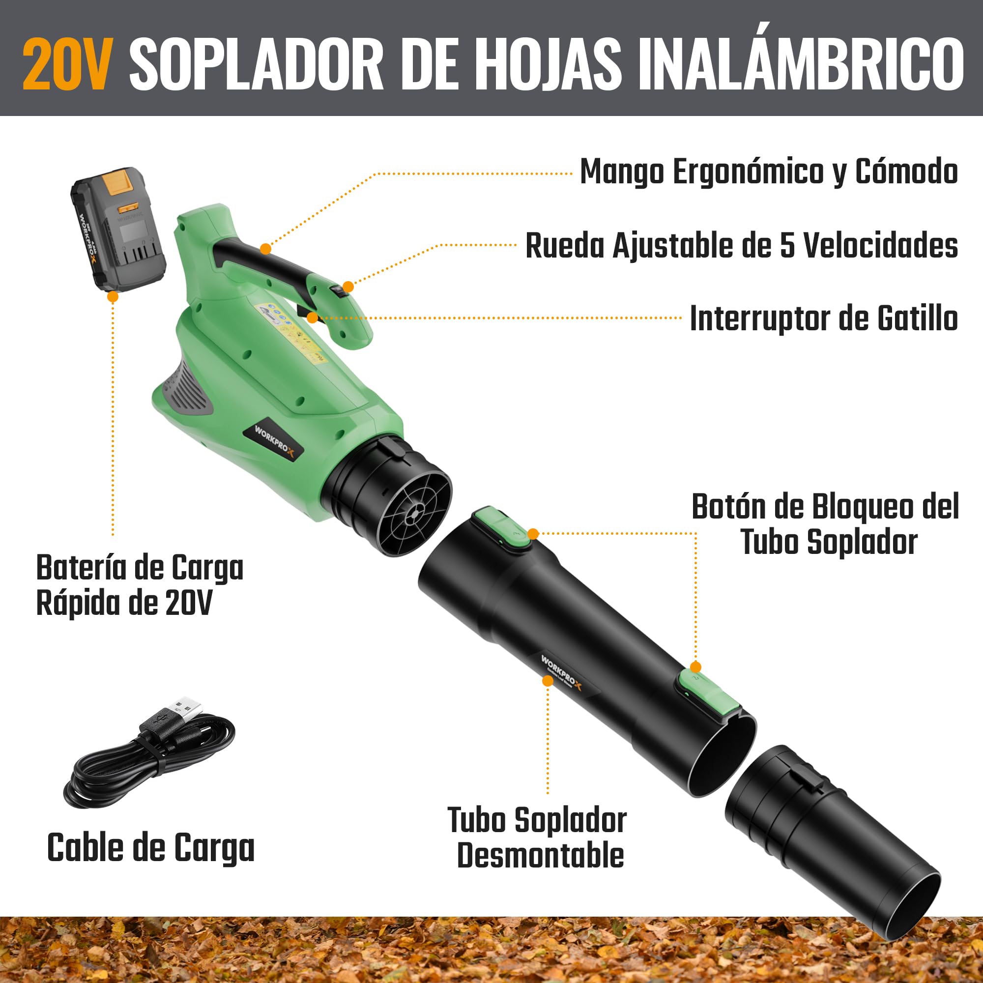 WORKPROX Soplador de Hojas, 20V Soplador de Hojas Bateria, con Flujo de Aire Potente 144KM/H, Capacidad 850 M³/H, Control de 5 Velocidad, Sopladora para Jardineria | con Flujo de Aire Potente 144KM/H, Capacidad 850 M³/H, Control de 5 Velocidad, Sopladora